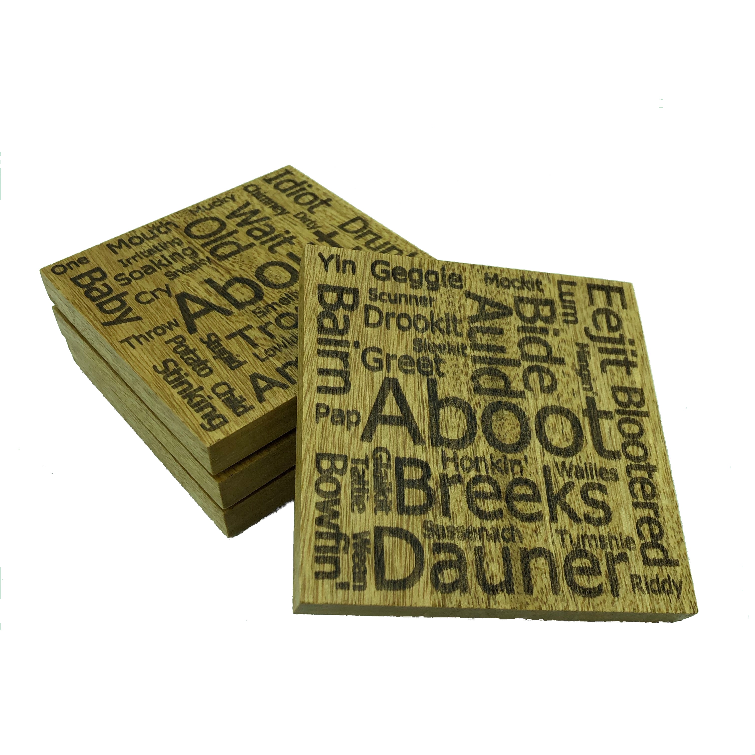 Wooden coasters - Scottish dialect with English translations - set of four
