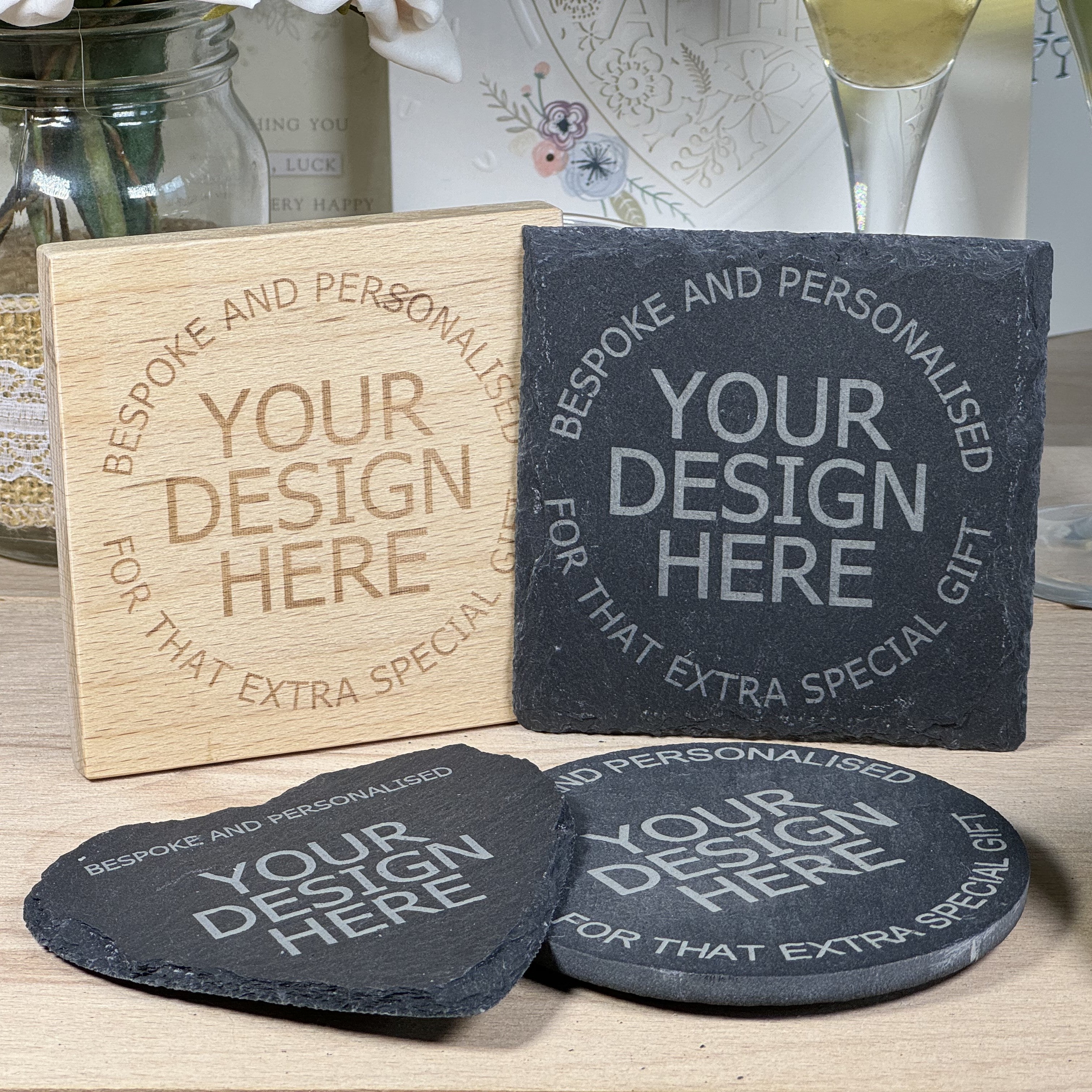 Personalised bespoke coasters in wood and slate