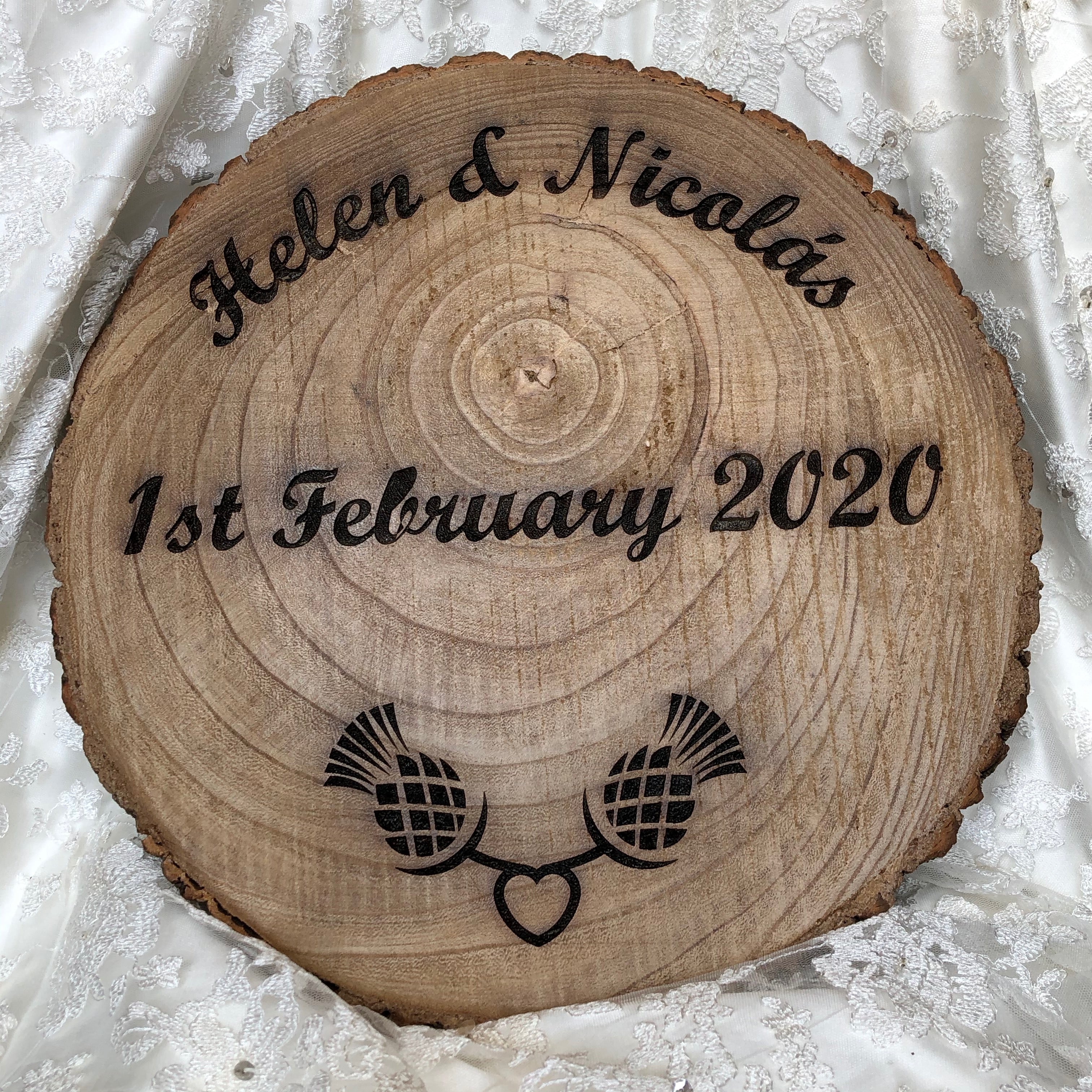 Rustic log slice personalised wedding platter