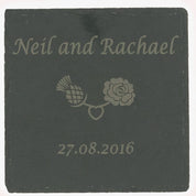 Personalised slate square wedding coaster - names, date, thistle-rose motif