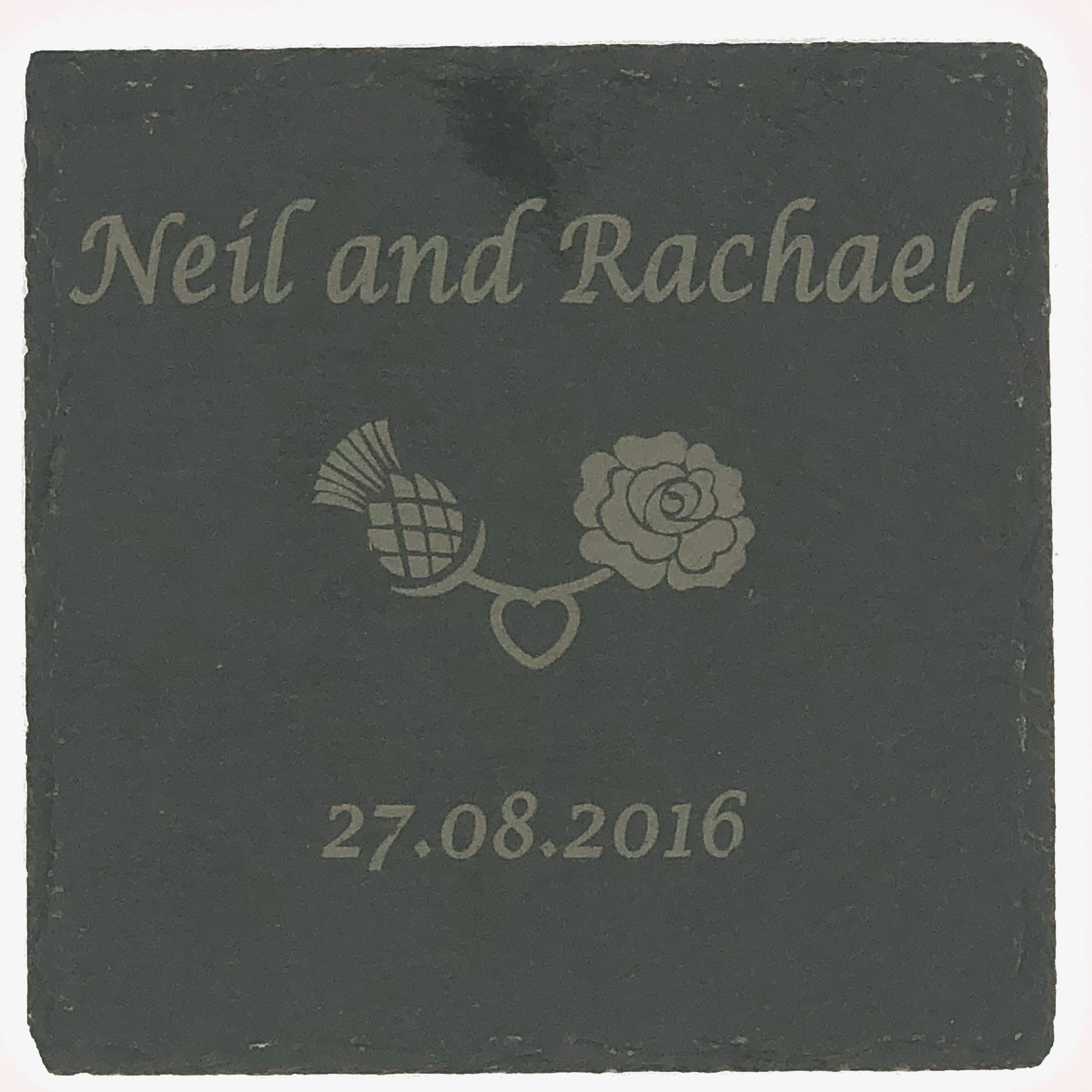 Personalised slate square wedding coaster - names, date, thistle-rose motif