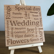Wooden wedding coaster - laser engraved with wedding-related words