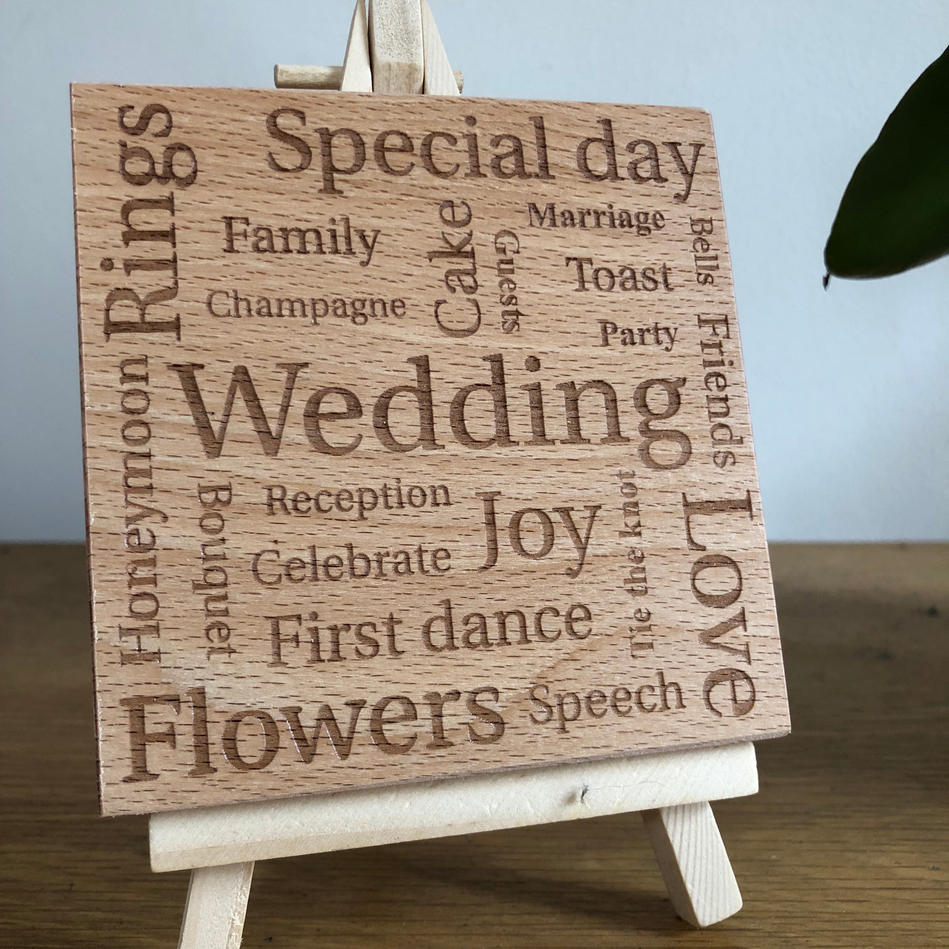 Wooden wedding coaster - laser engraved with wedding-related words
