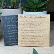 Personalised definition coaster - wood, slate