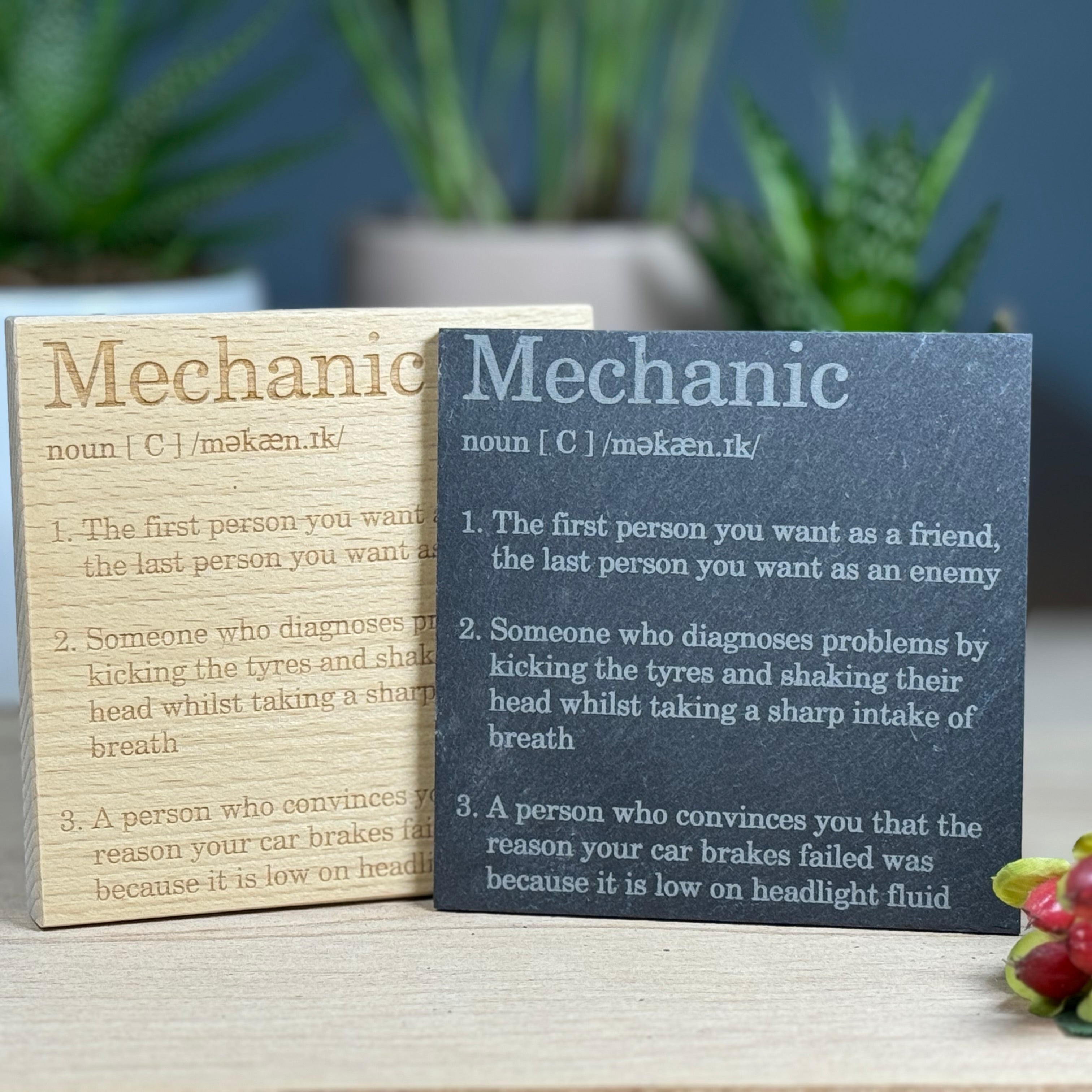 Wood or slate coaster - occupation - mechanic