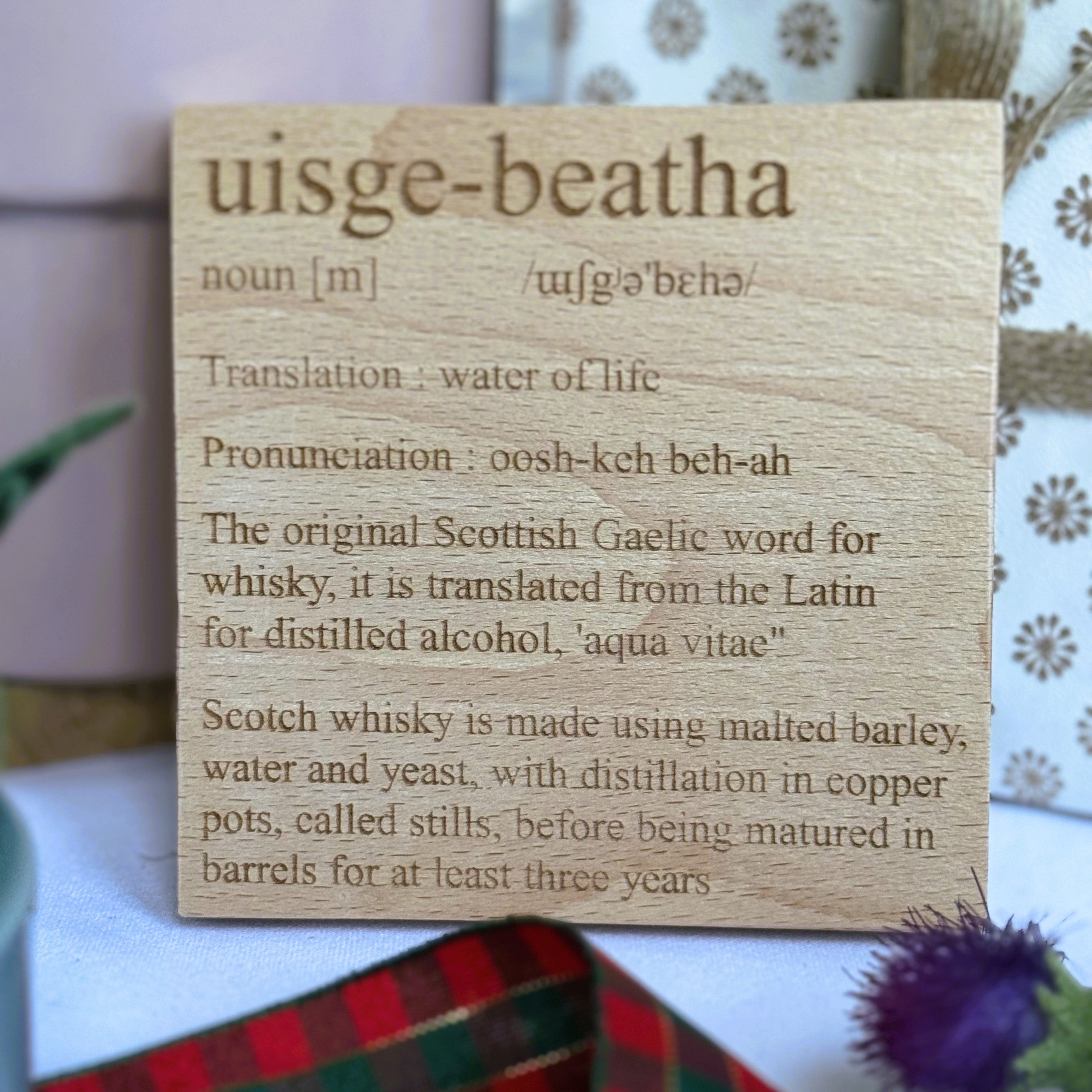 Wooden coaster gift - Gaelic - uisge beatha definition