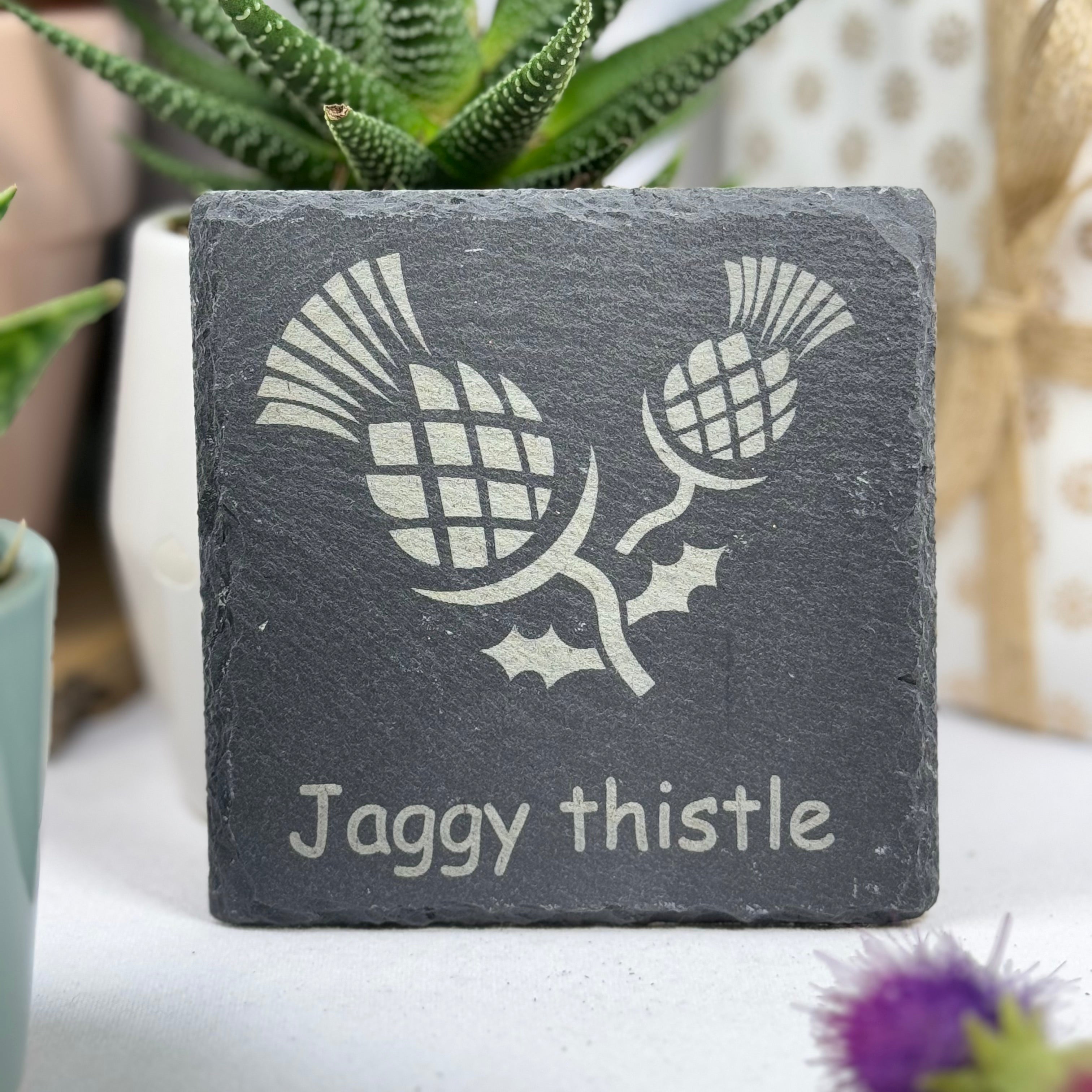 Slate coaster gift - Scottish jaggy thistle