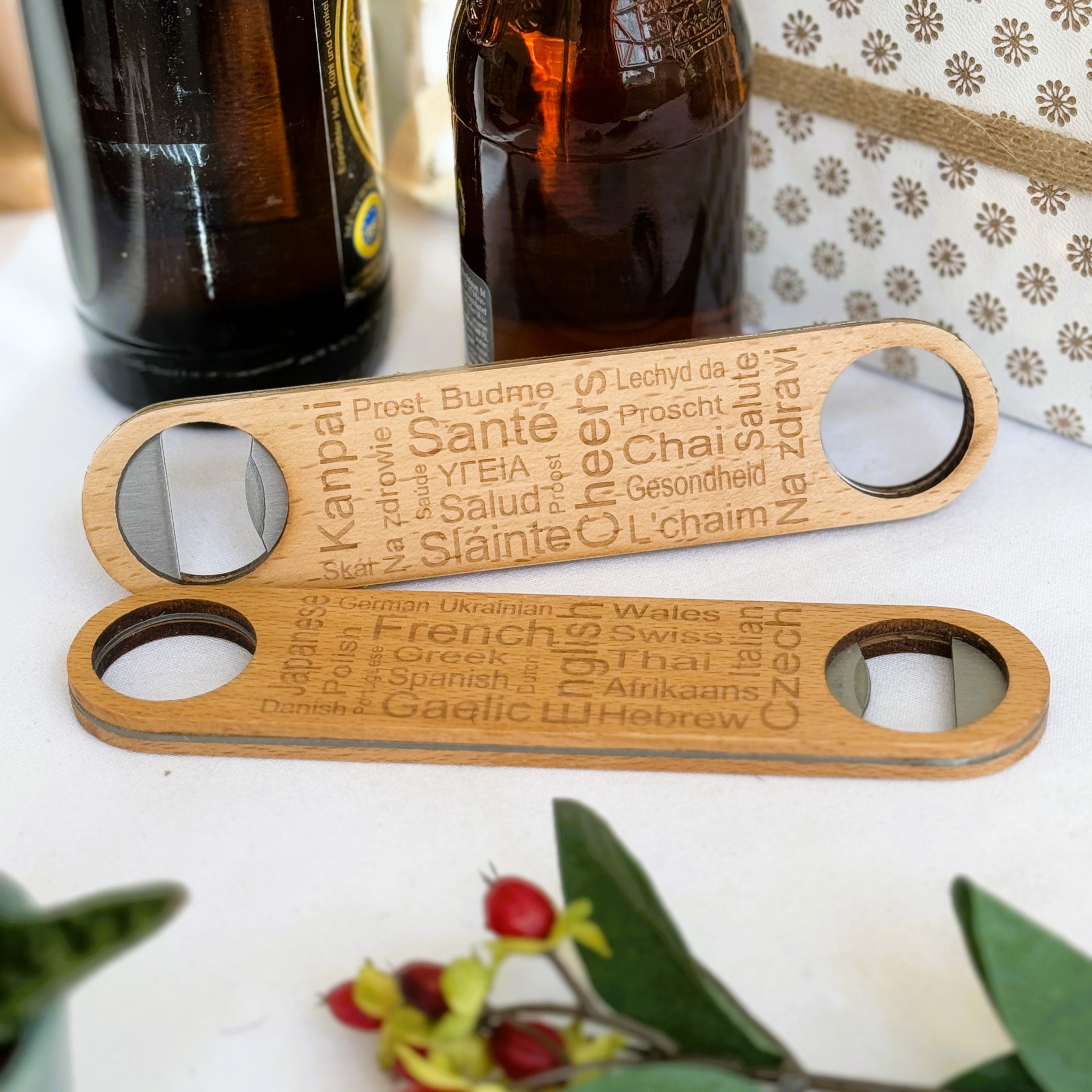 Wooden bottle opener gift - cheers in many languages
