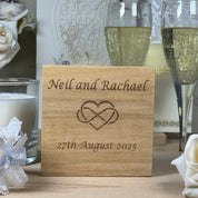 Personalised wooden wedding coaster - names, date, heart/infinity decal