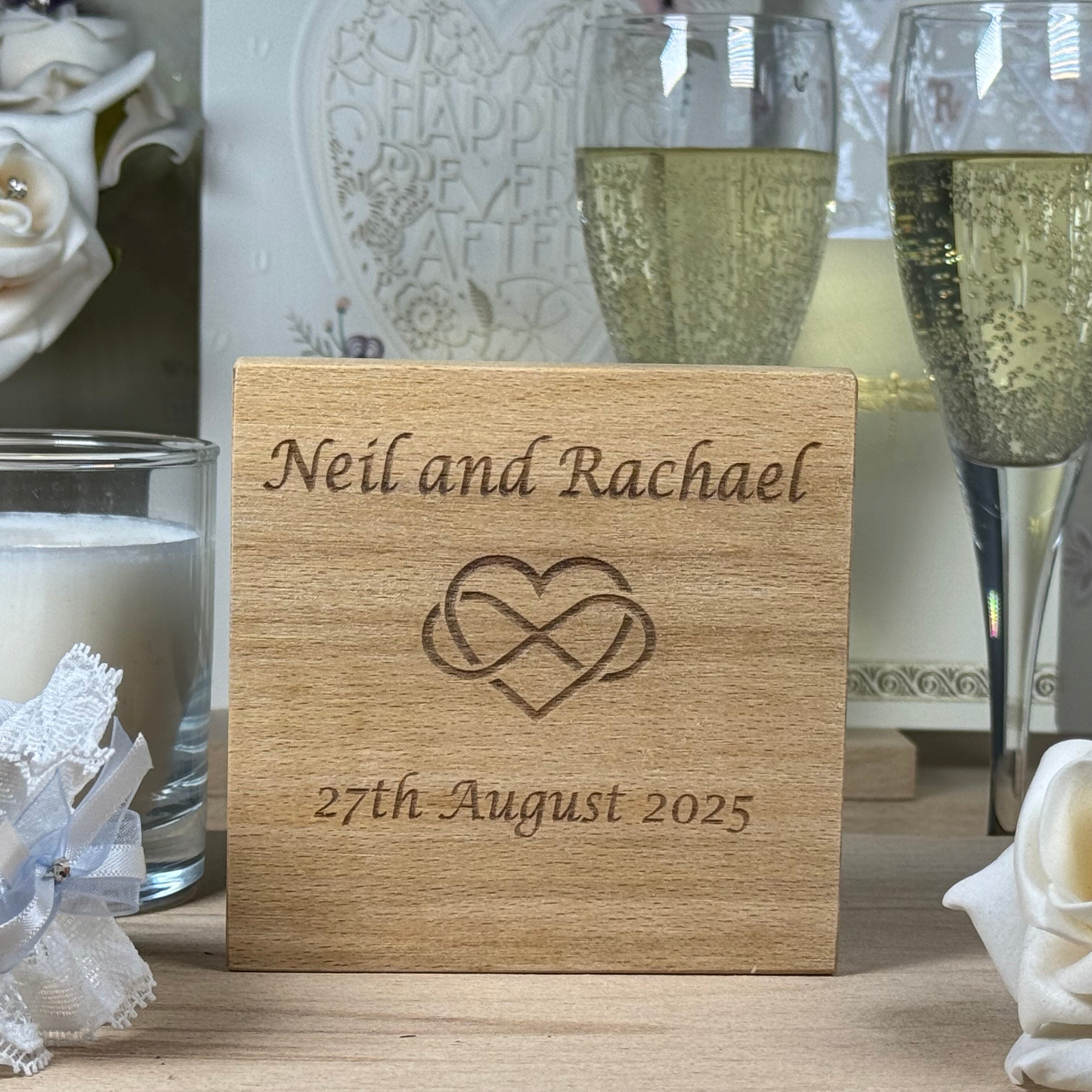 Personalised wooden wedding coaster - names, date, heart/infinity decal