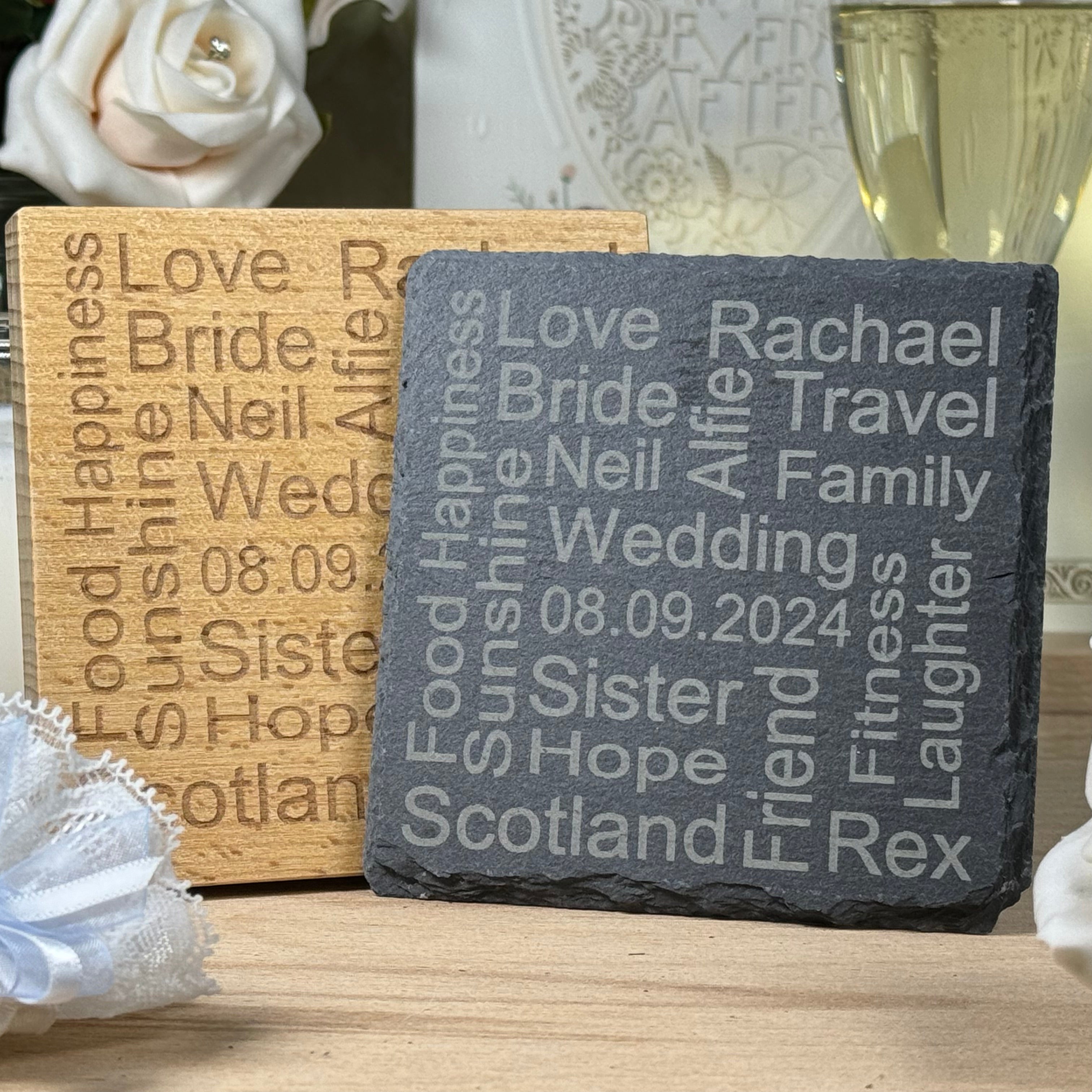 Personalised word map coaster - wood or slate