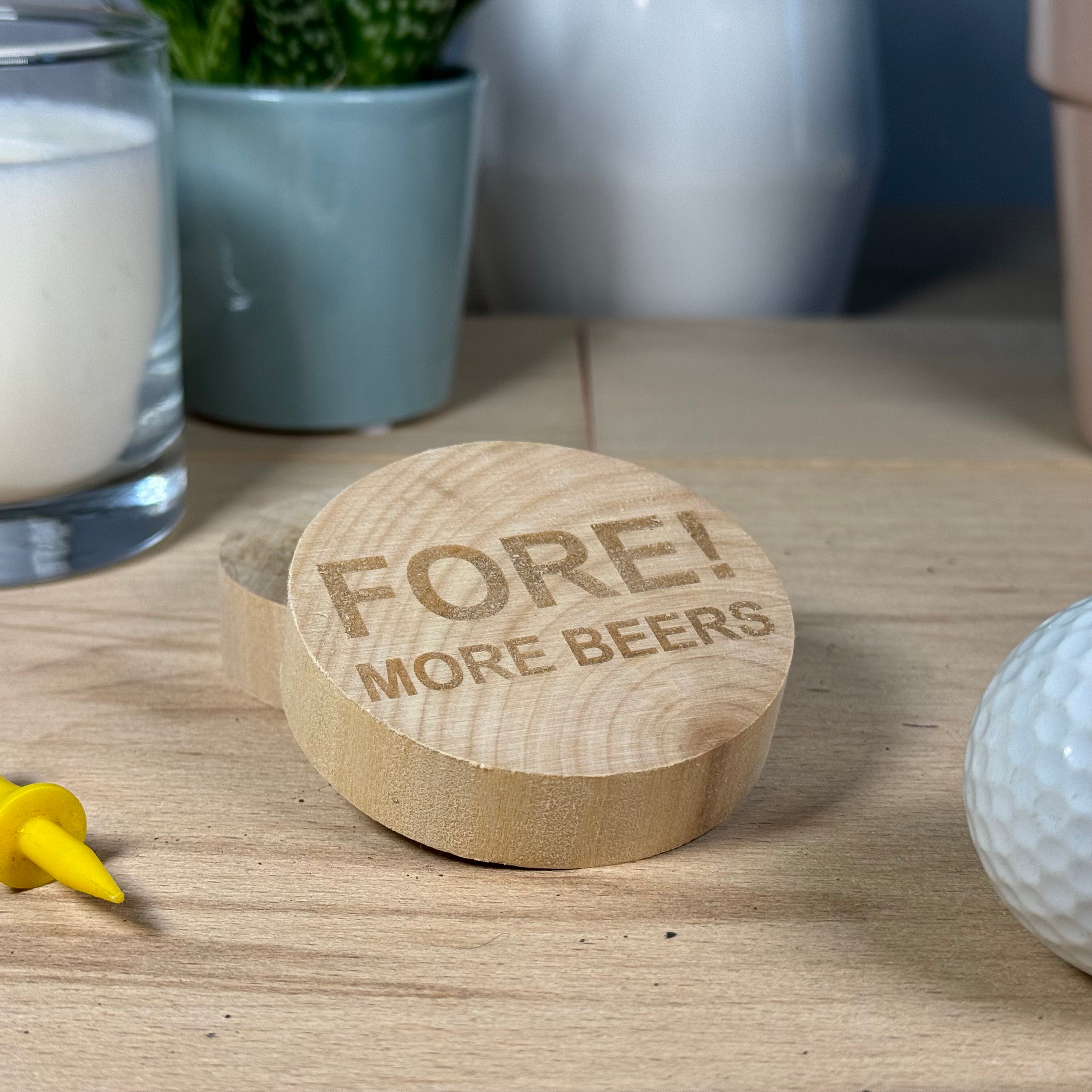 Fridge magnet / wooden bottle openers - golf - fore more beers