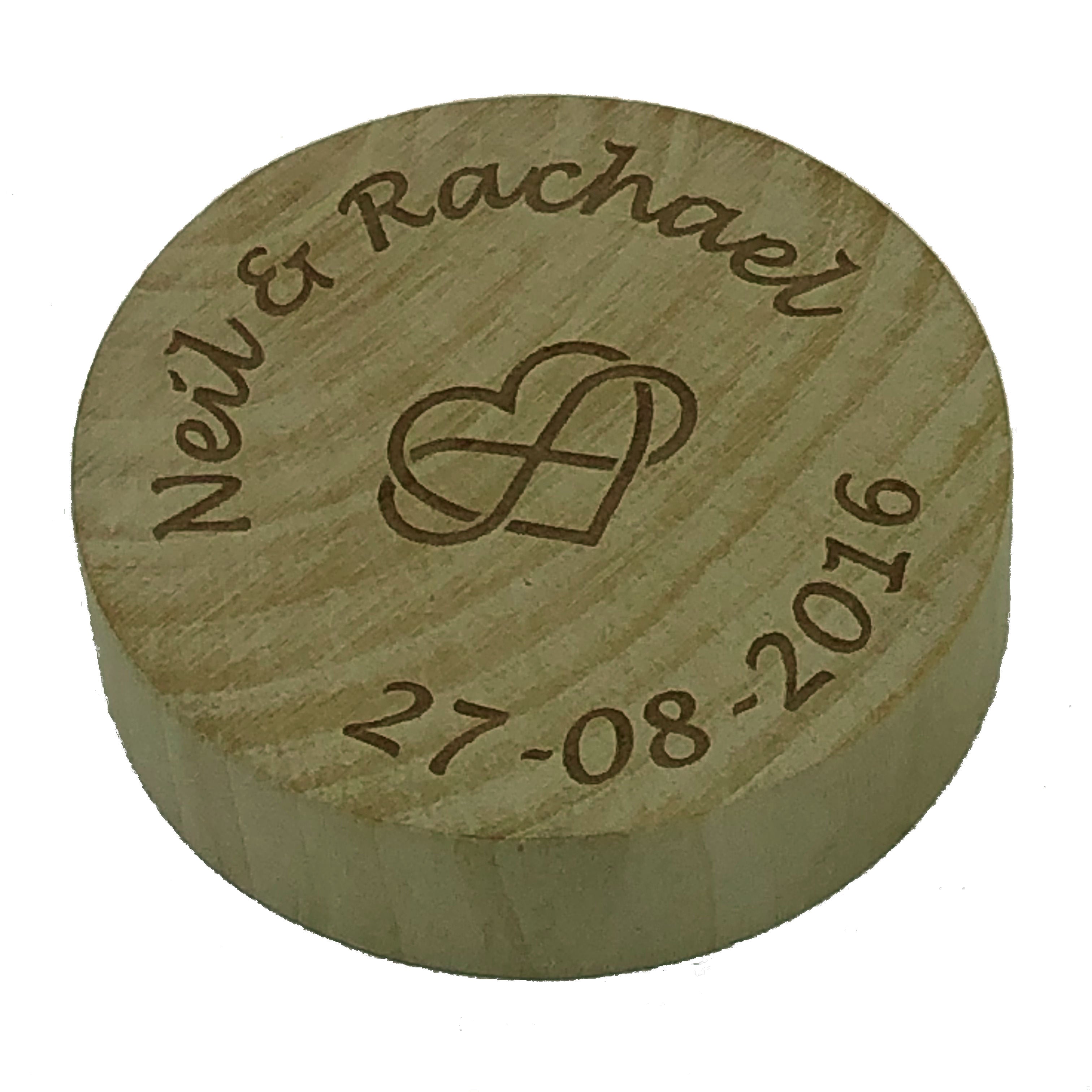 Wooden fridge magnet bottle opener laser engraved with the couple's name and wedding date, plus a heart/infinity symbol