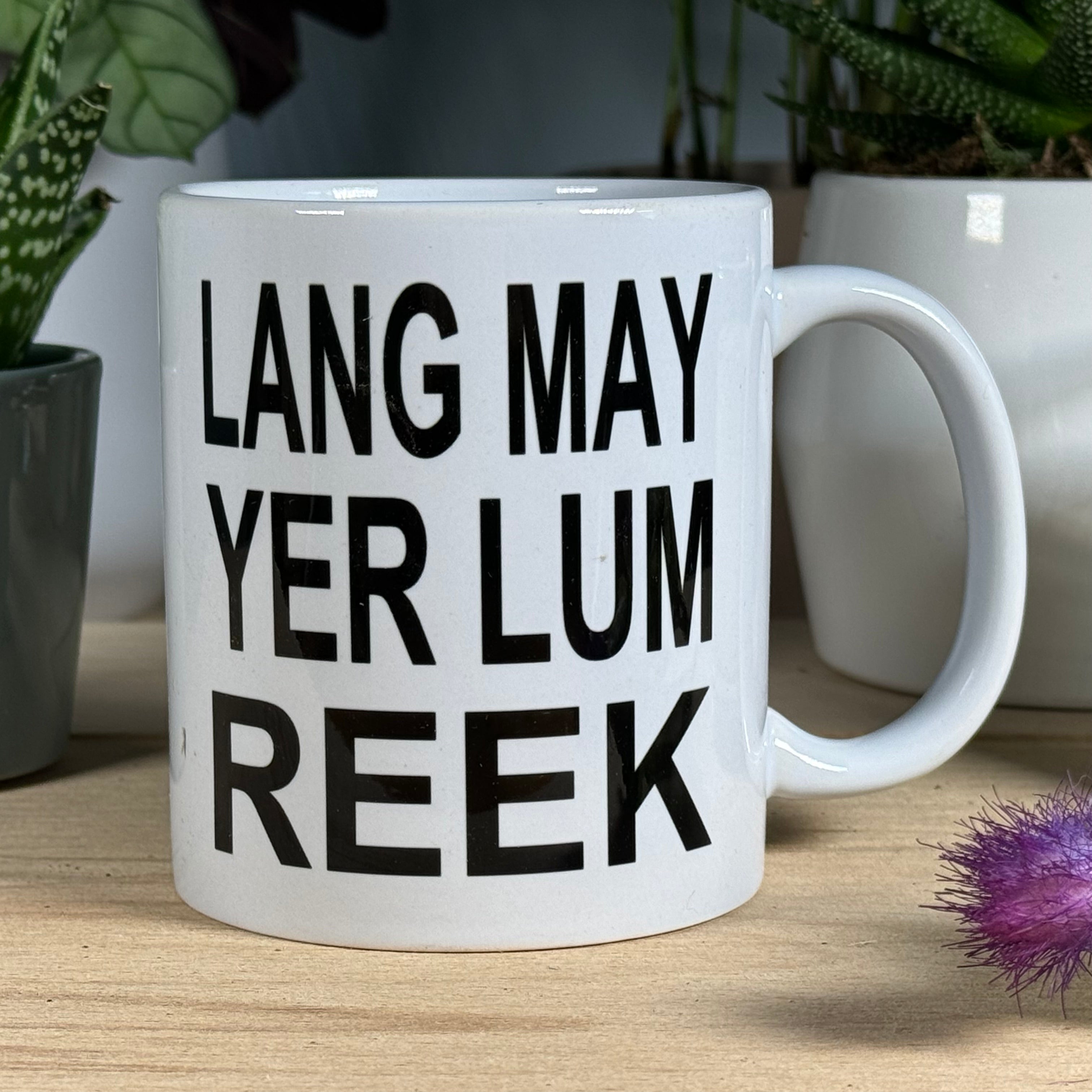 White ceramic mug - Scottish - lang may yer lum reek