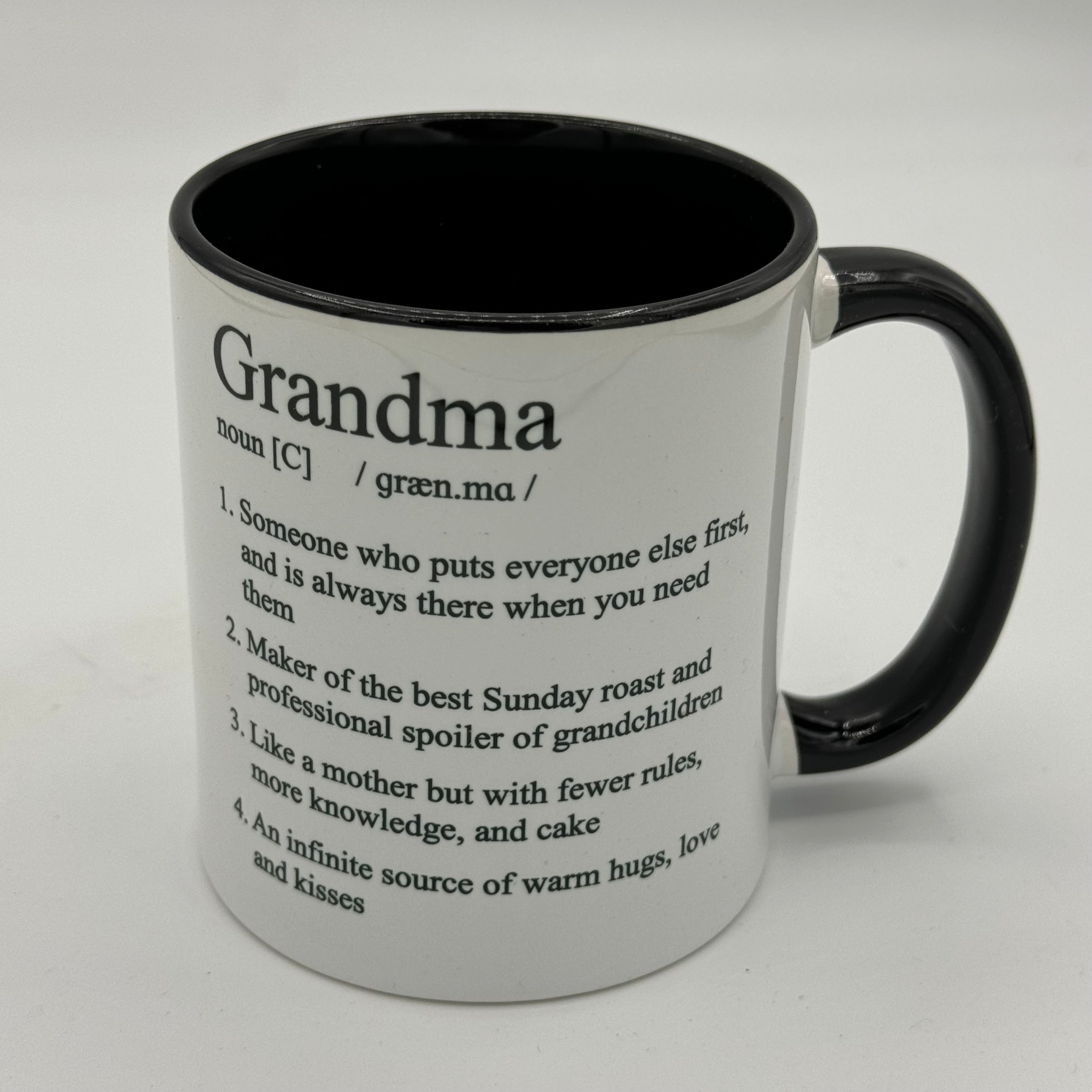 Ceramic mug gift for grandma - white with black interior and handle - grandma defiintion