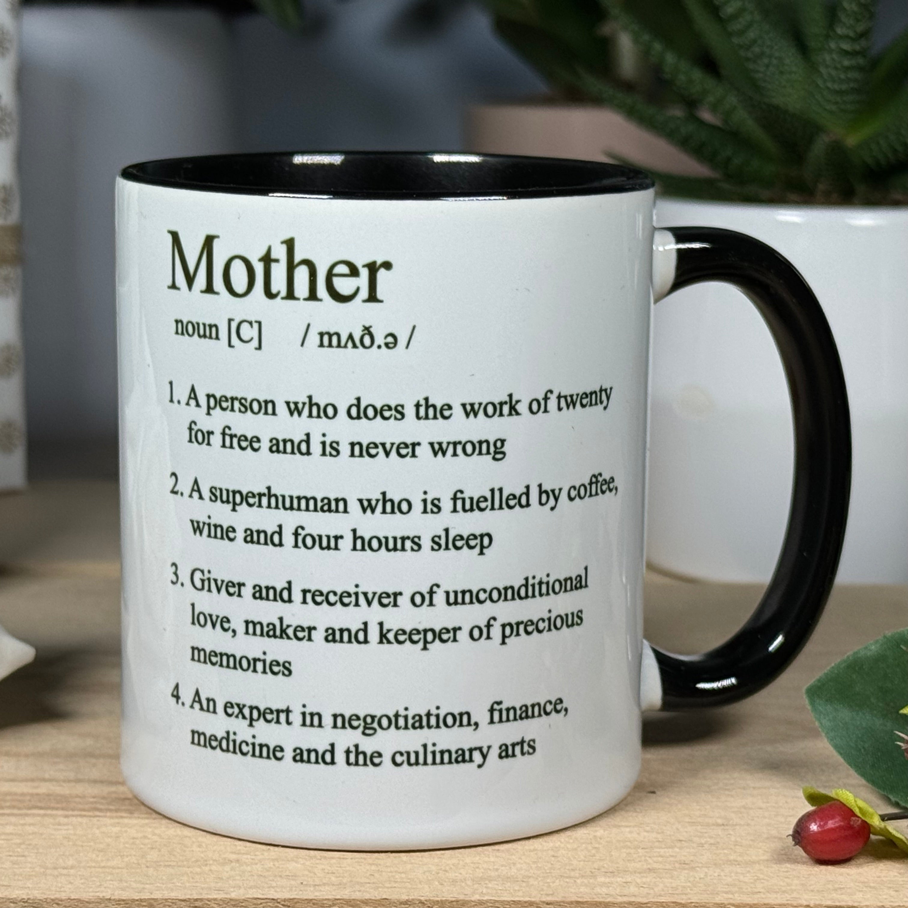 Ceramic mug gift for mother - white with black interior and handle - mother definition
