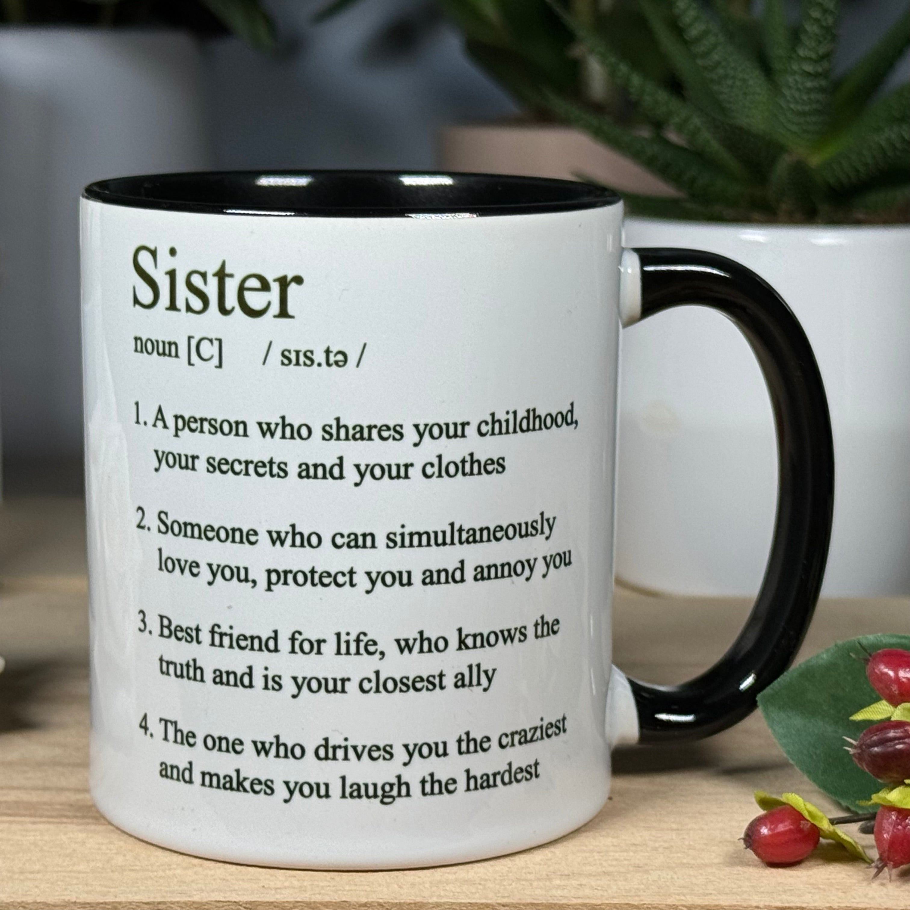 White ceramic mug with black interior and handle - family - sister
