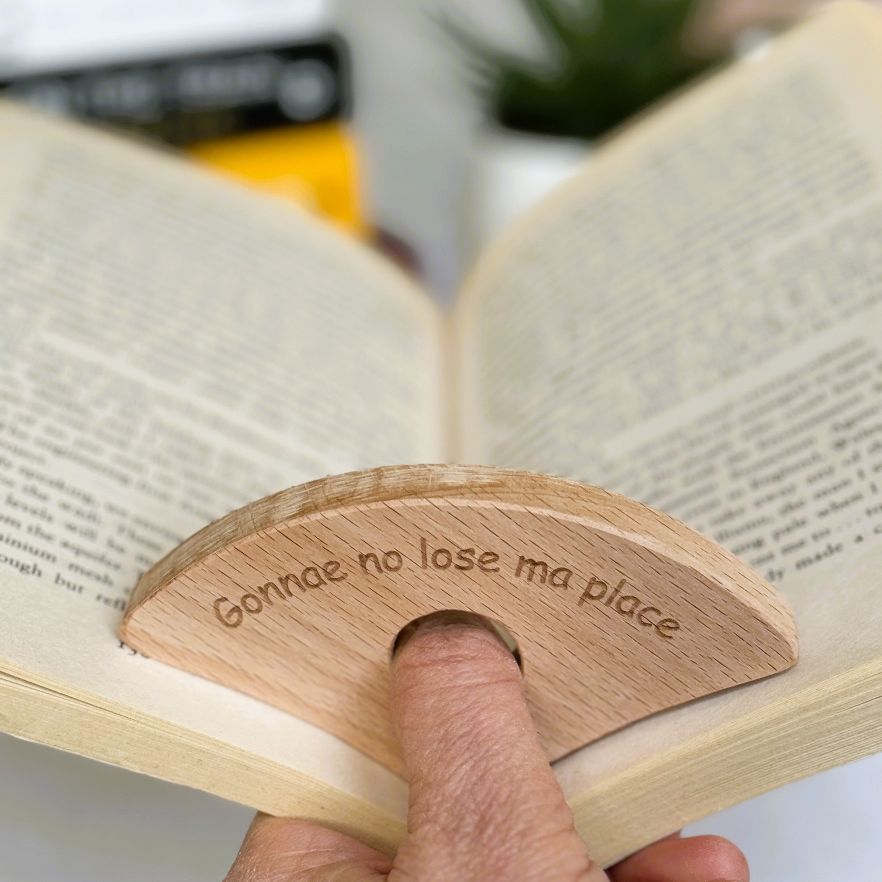 Wooden thumb book holder gift - gonnae no lose ma place