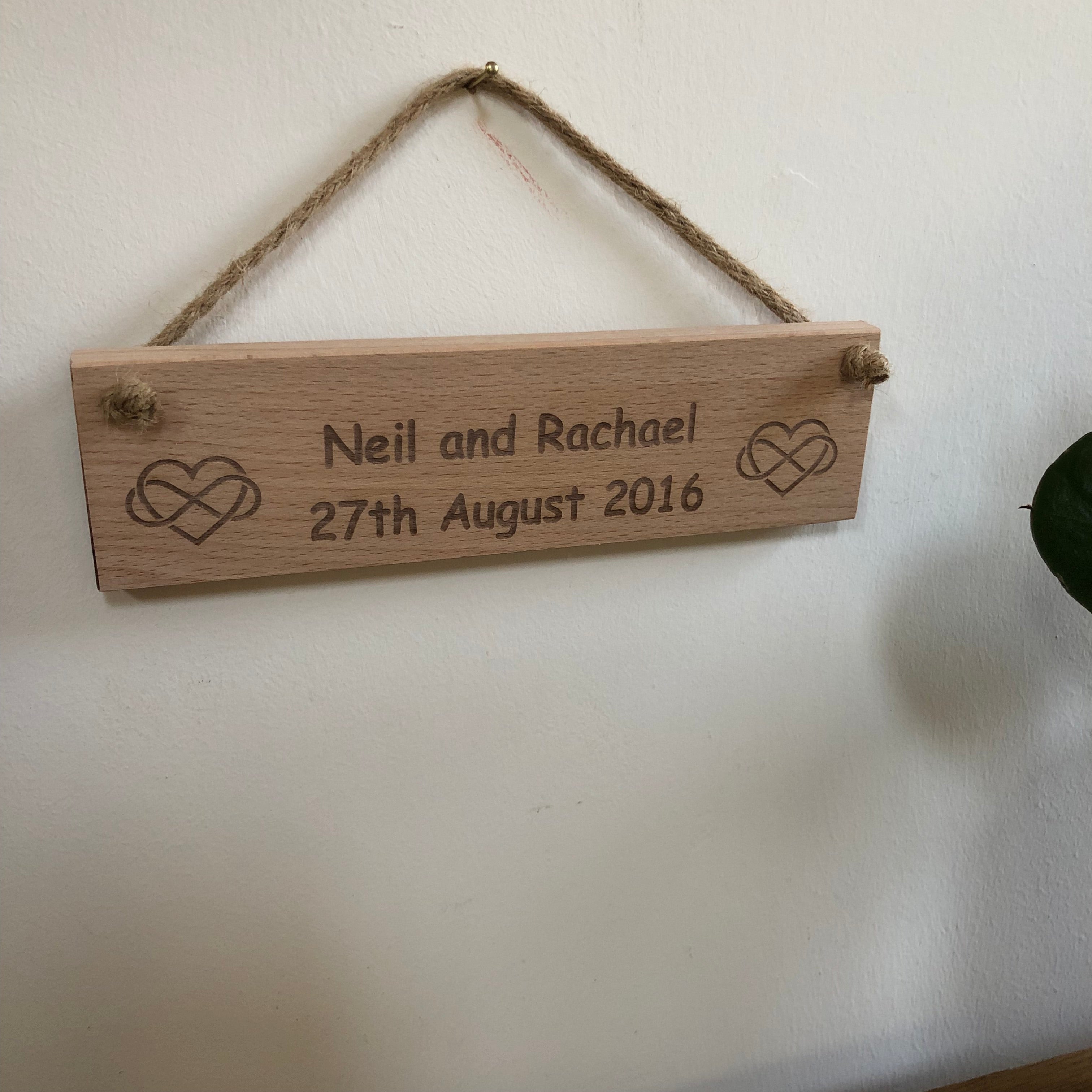 Personalised wedding plaque - names and date with heart infinity symbols