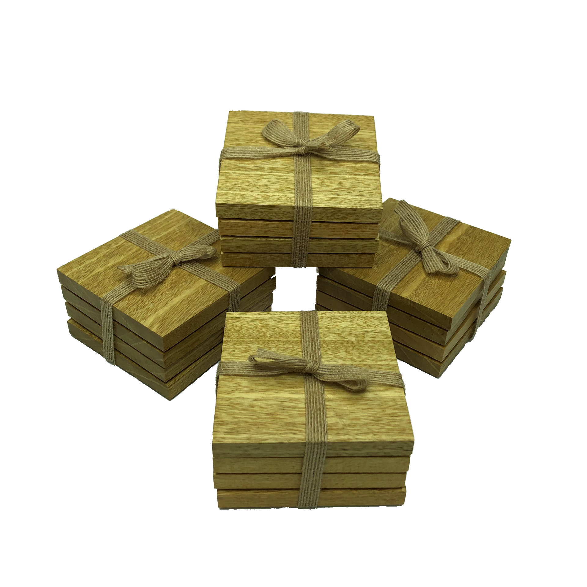 Square wooden idigbo coasters - packaged with hessian ribbon