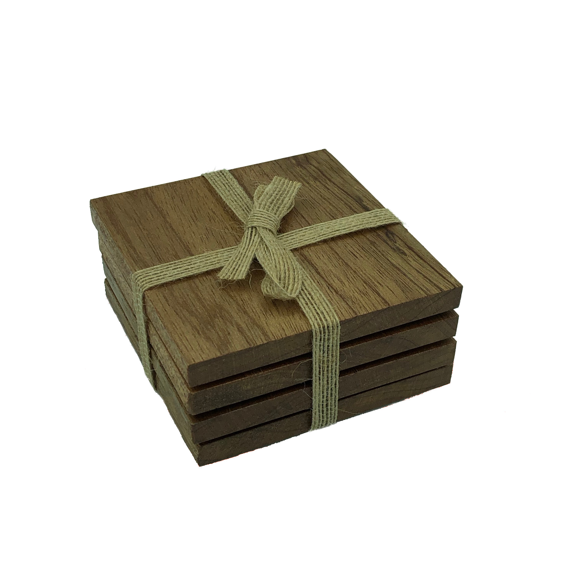 Handmade square wooden oak coasters - packaged with hessian ribbon