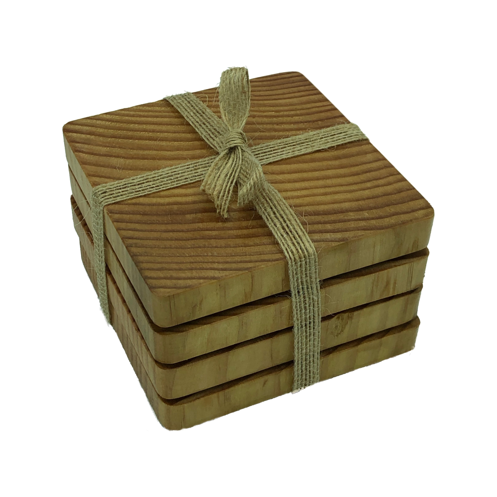 Square wooden douglas fir coasters - packaged with hessian ribbon