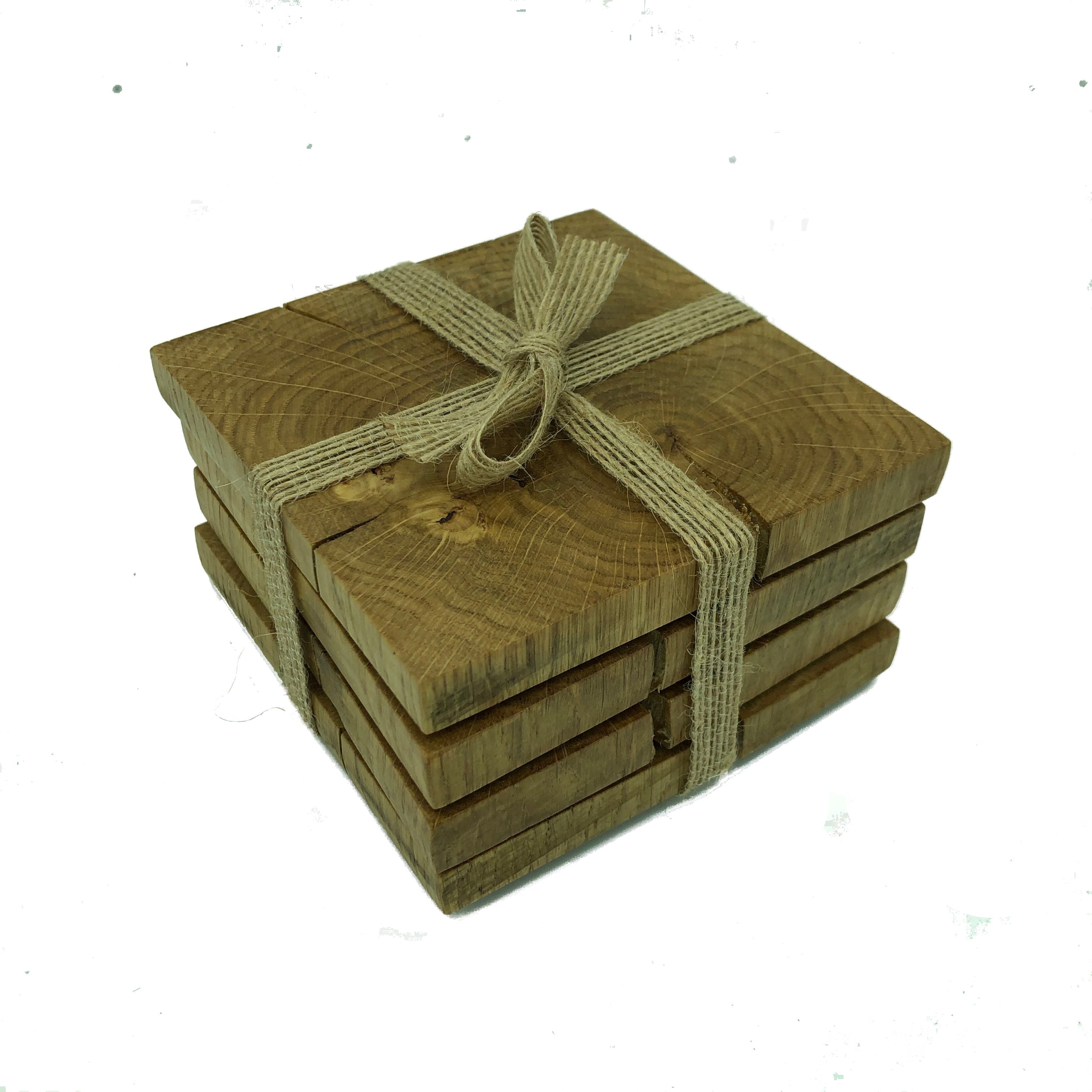 Square wooden rustic oak coasters - packaged with hessian ribbon