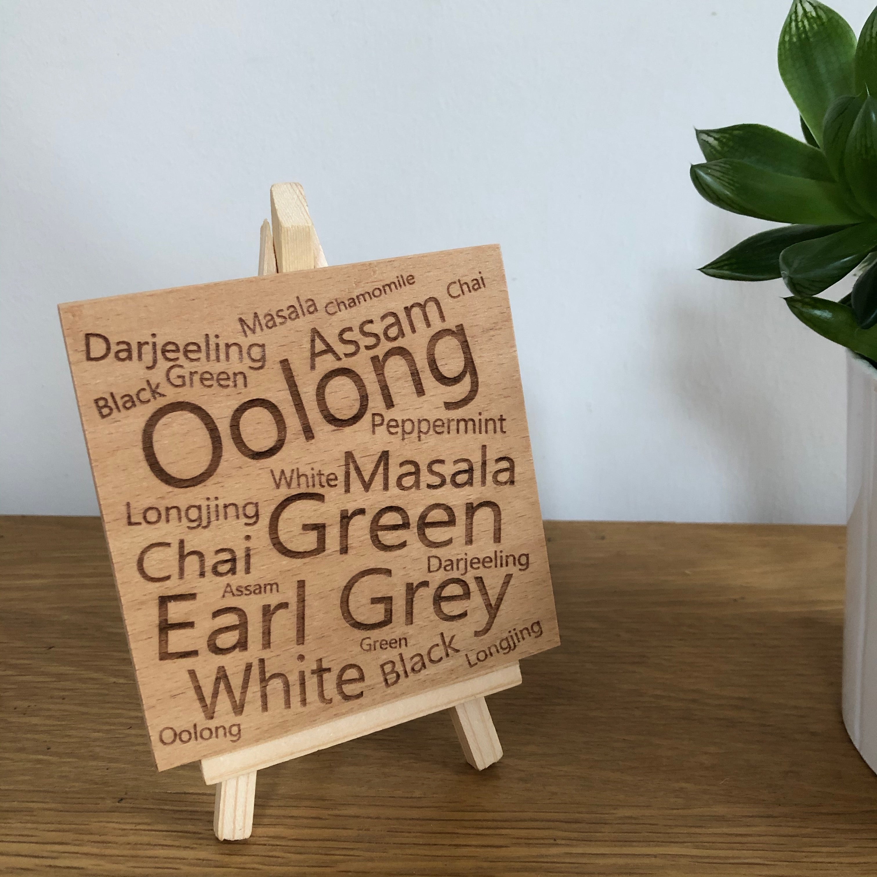 Wooden coaster - tea varieties