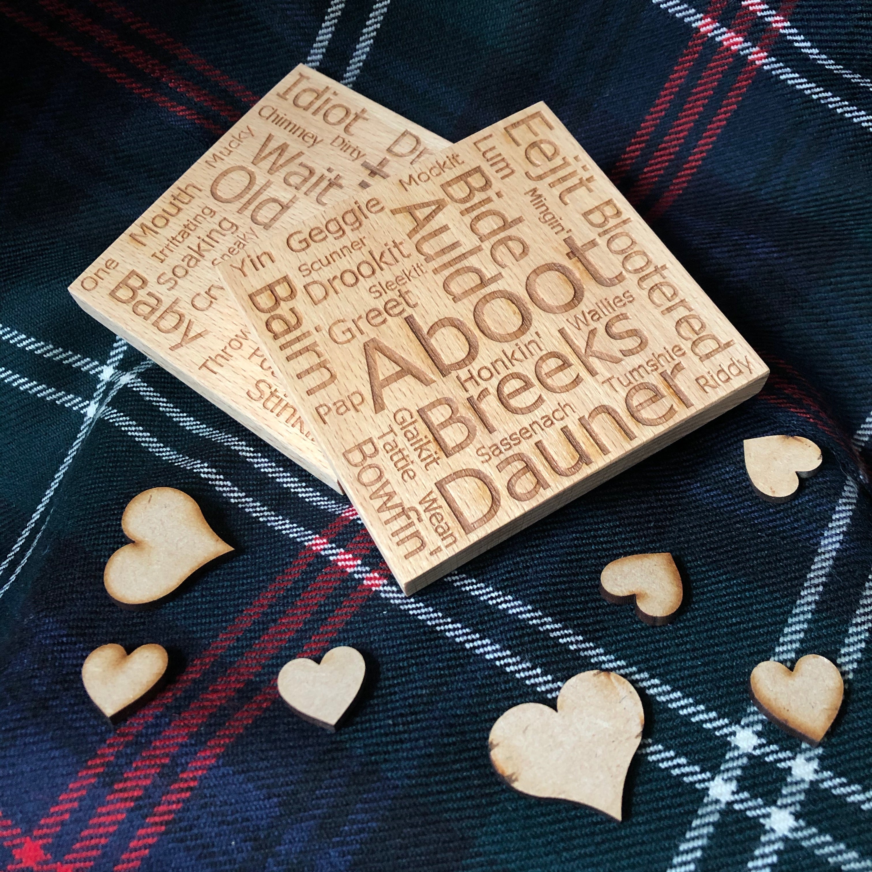 Wooden coasters - Scottish dialect with English translations - set of 4