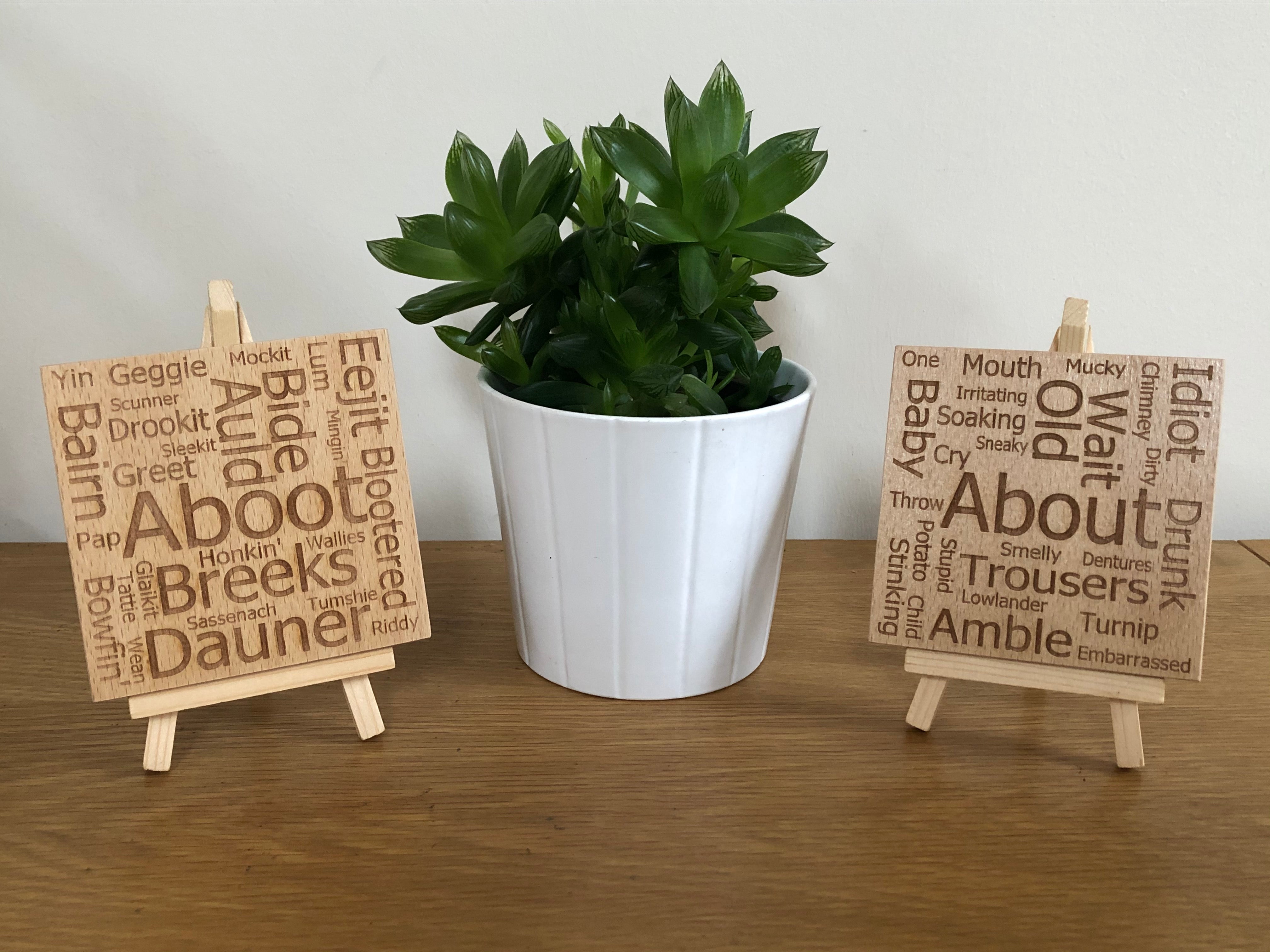 Wooden coasters - Scottish dialect with English translations - set of 4