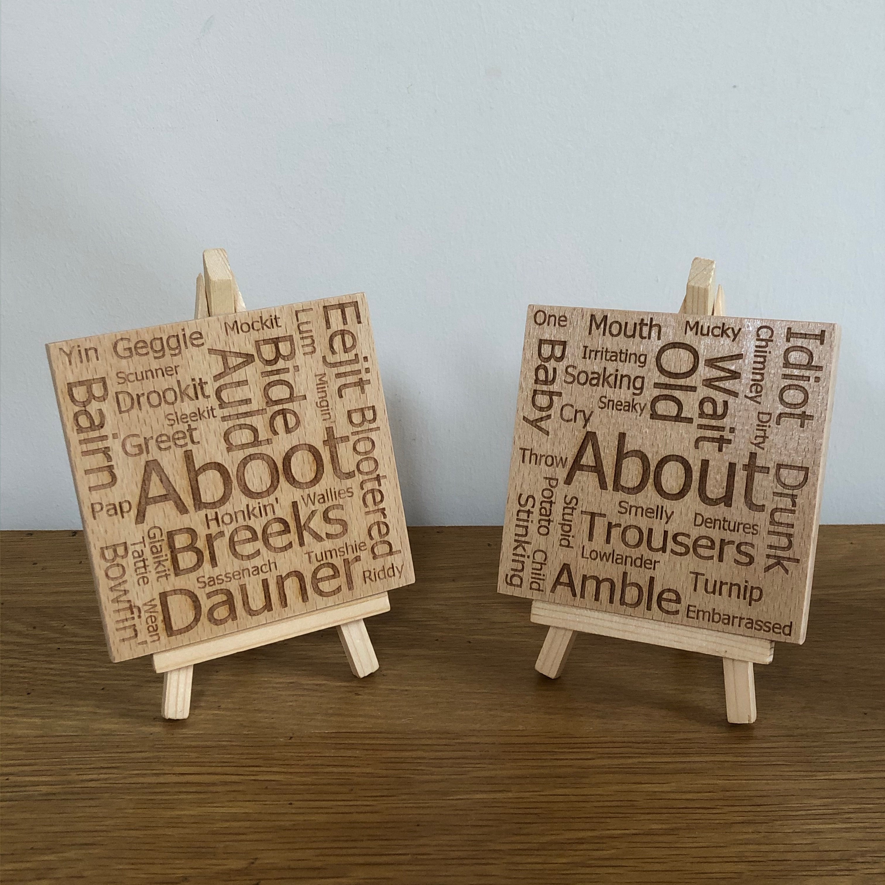 Wooden coasters - Scottish dialect with English translations - set of 4