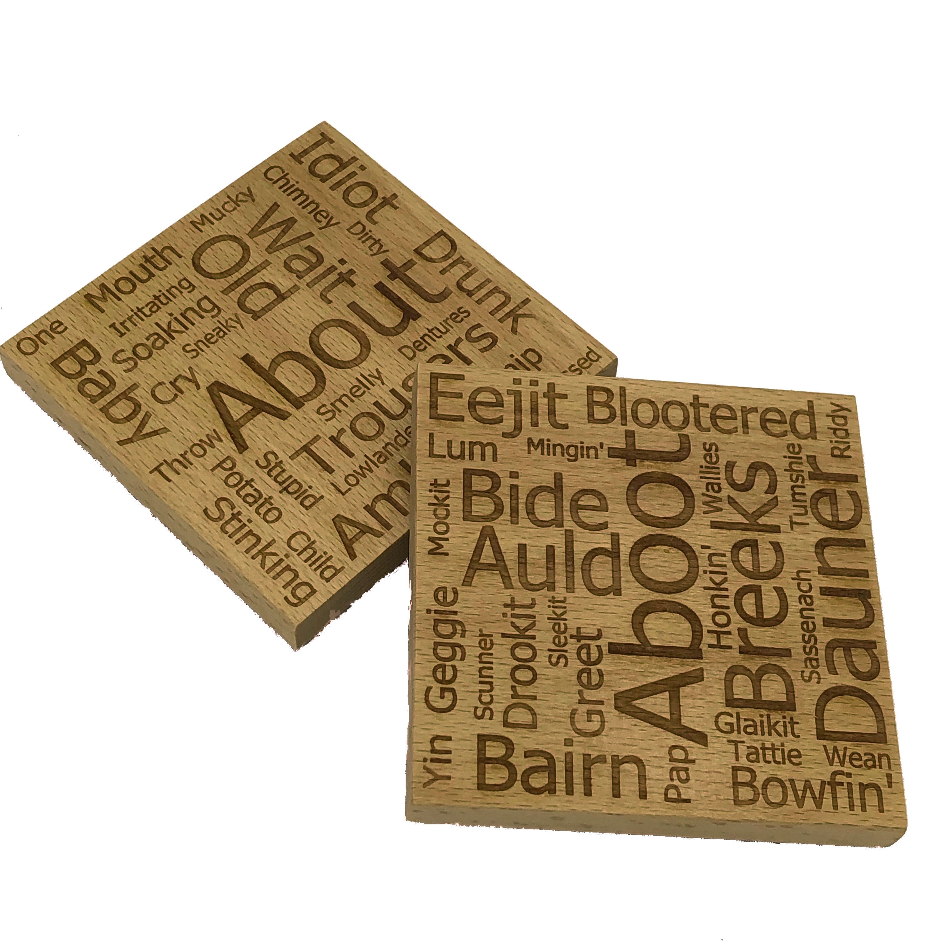 Wooden coasters - Scottish dialect with English translations - set of 4