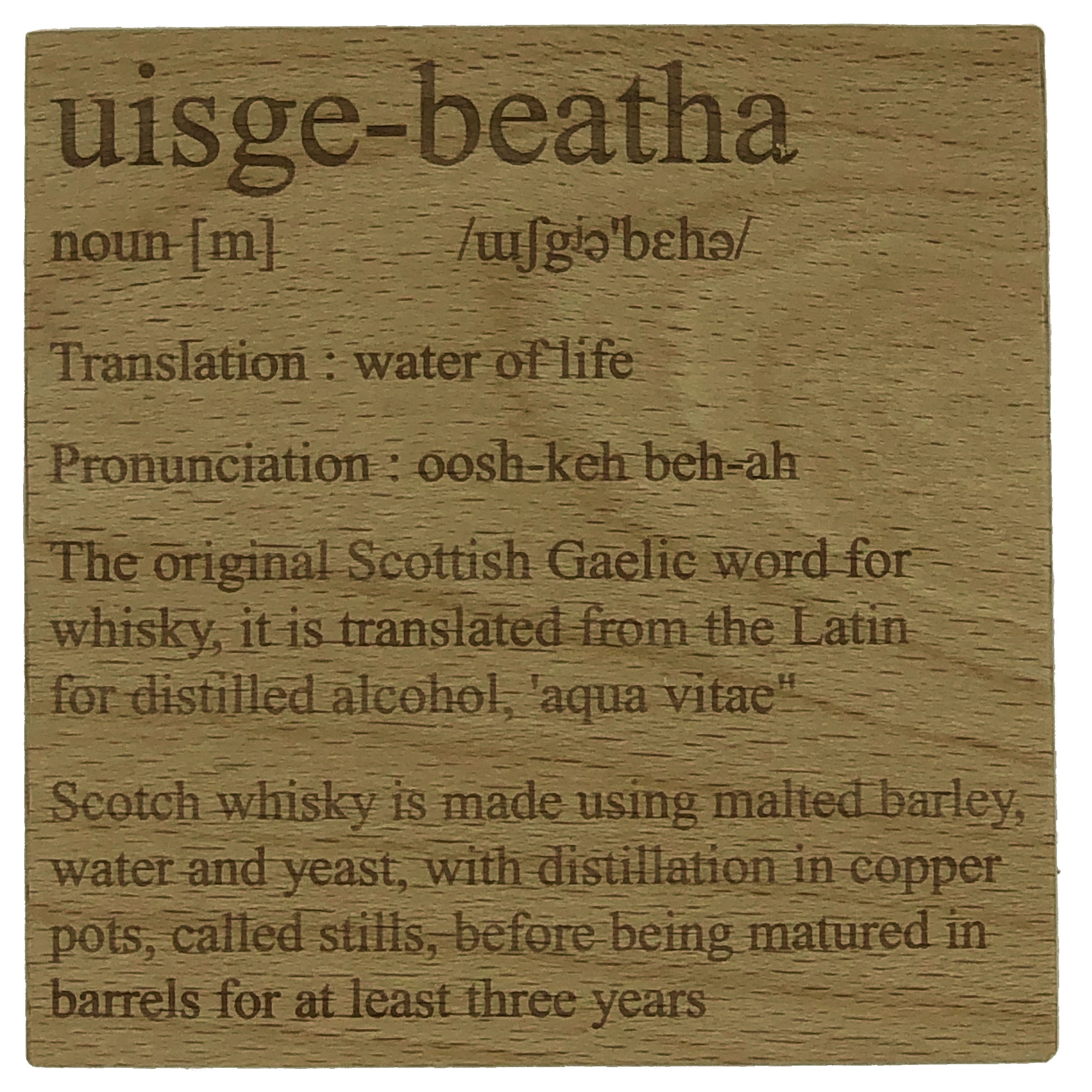 Wooden coaster gift - Gaelic - uisge beatha definition