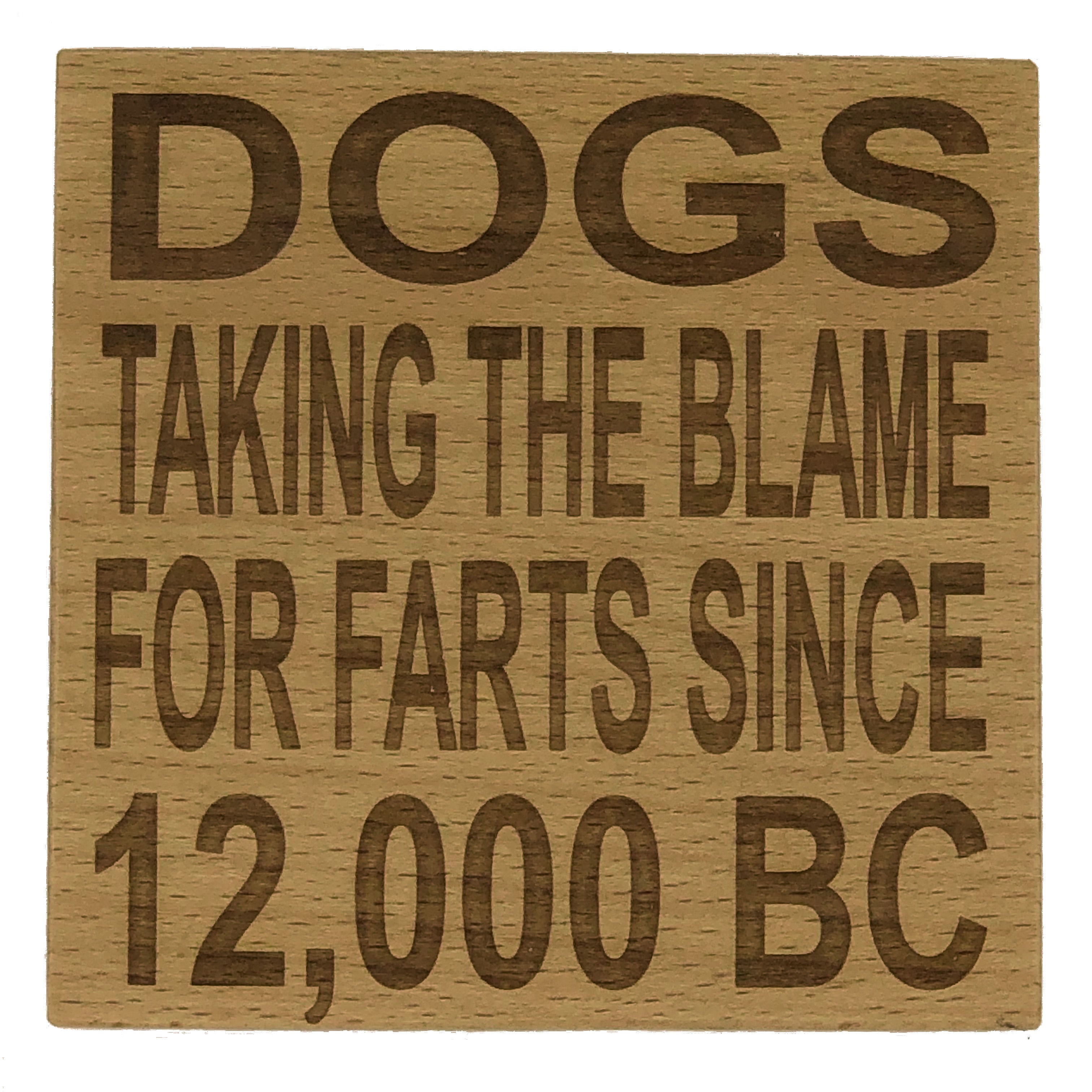 Wooden coaster - dogs taking the blame for farts since 12000 BC