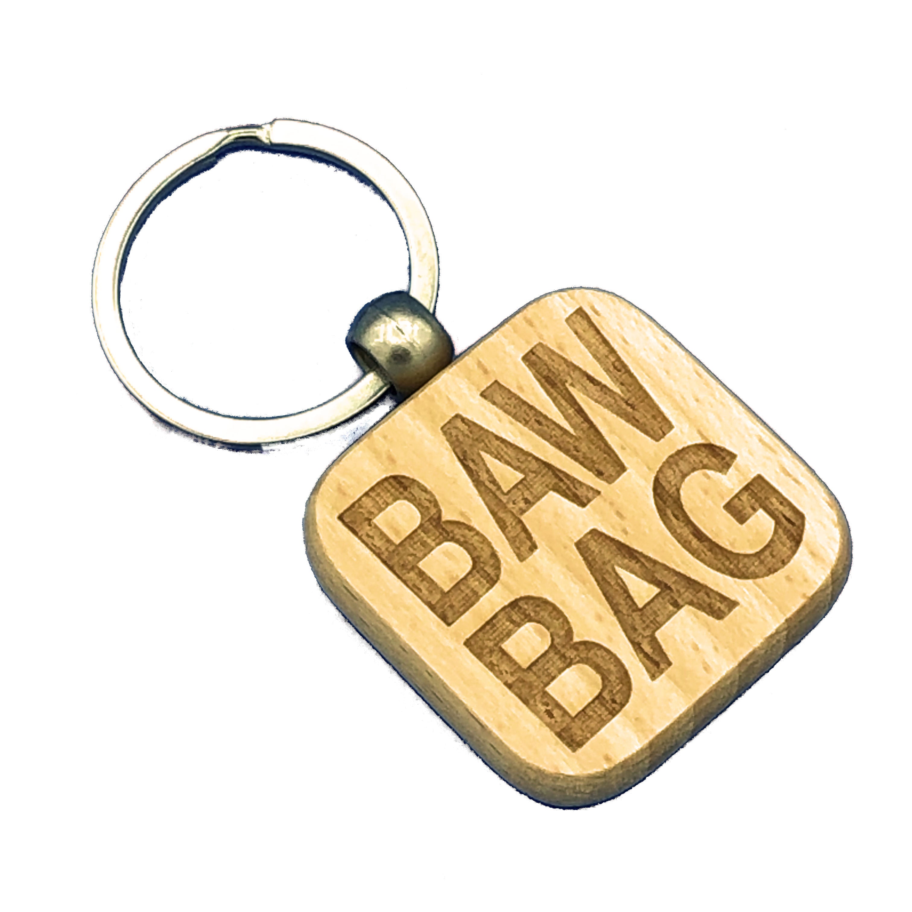Wooden keyring laser engraved with Scottish dialect bawbag
