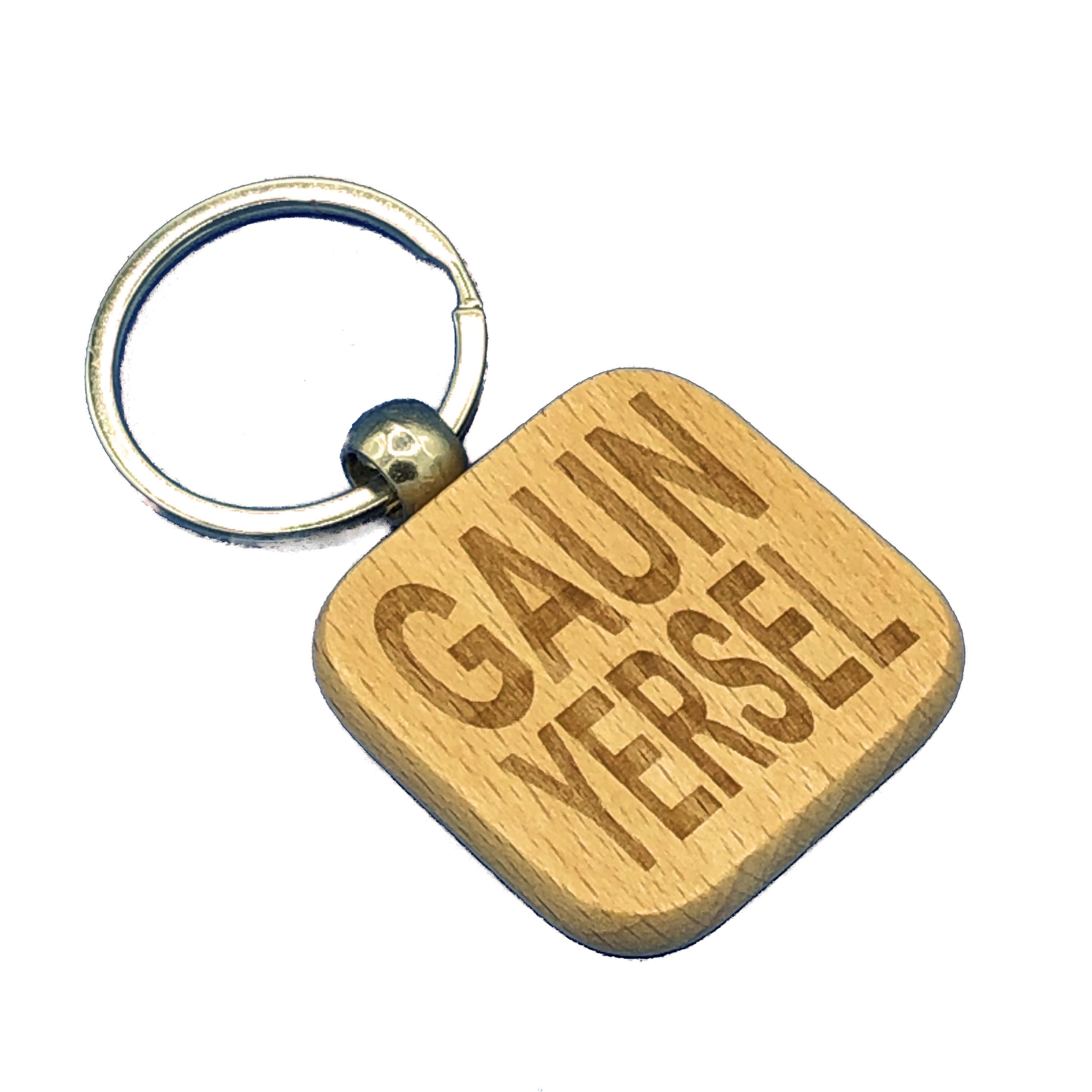 Wooden keyring laser engraved with Scottish dialect gaun yersel