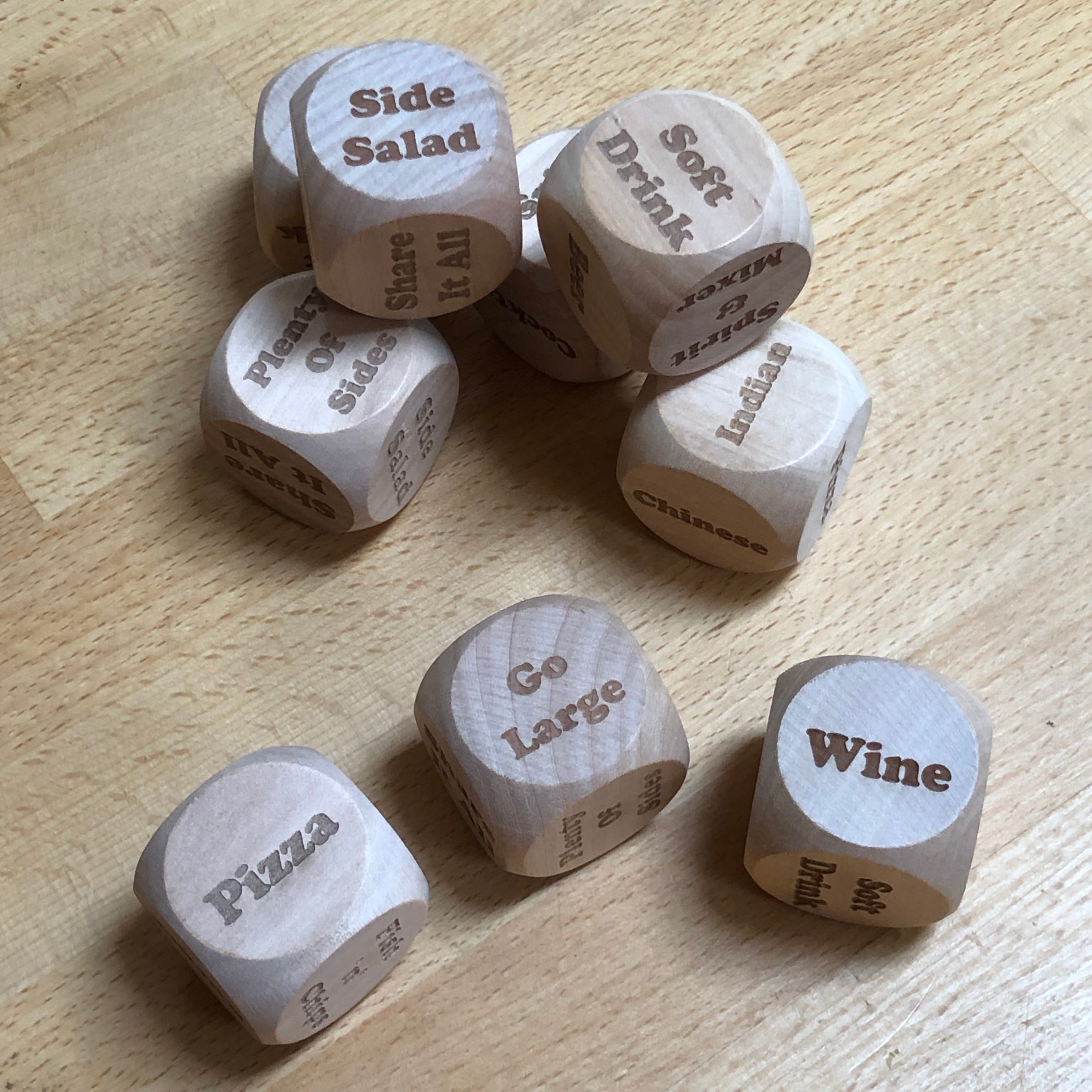 Wooden decision dice - cuisine, options, drinks
