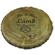 Personalised rustic wooden log slice platter with surname and choice of motif
