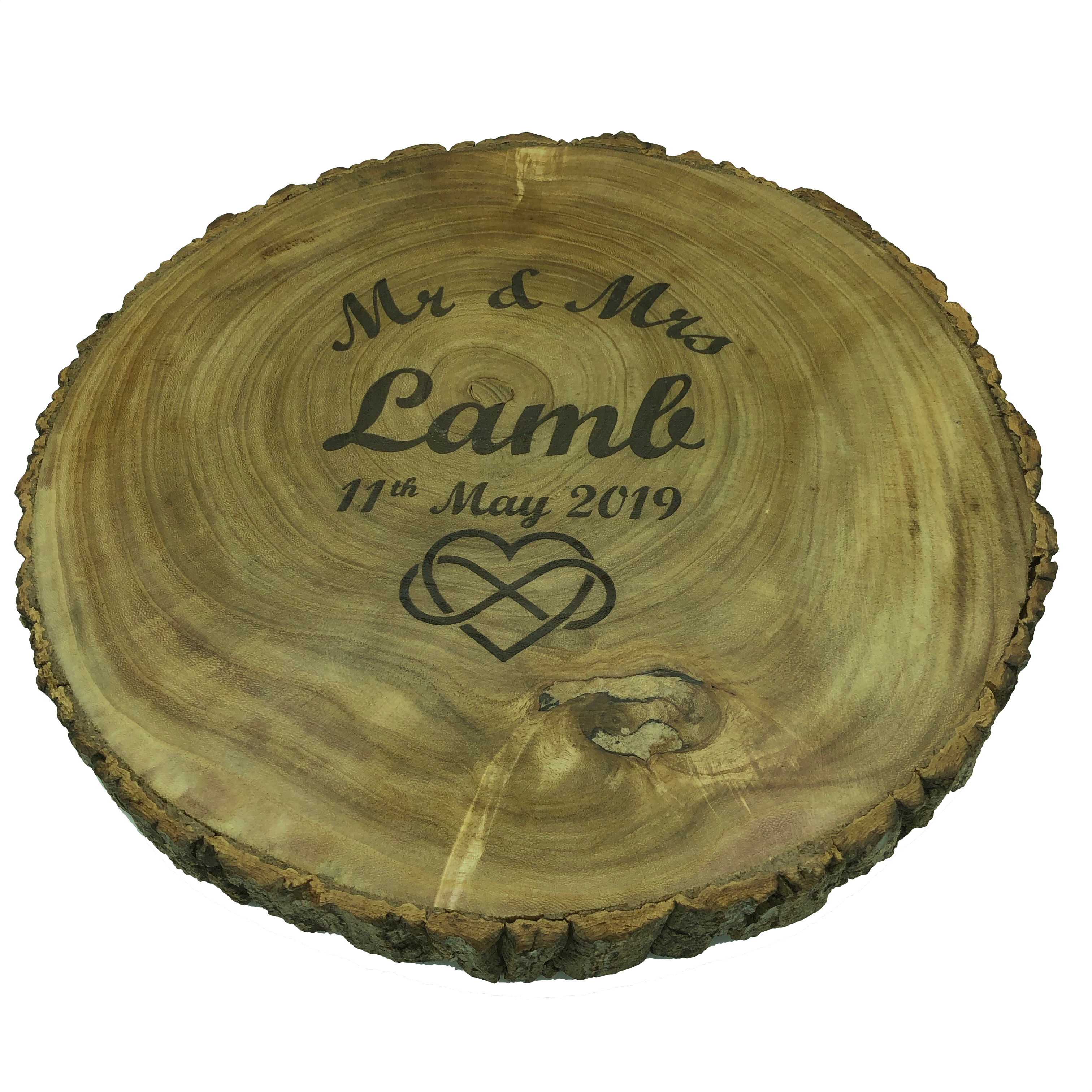 Personalised rustic wooden log slice platter with surname and choice of motif