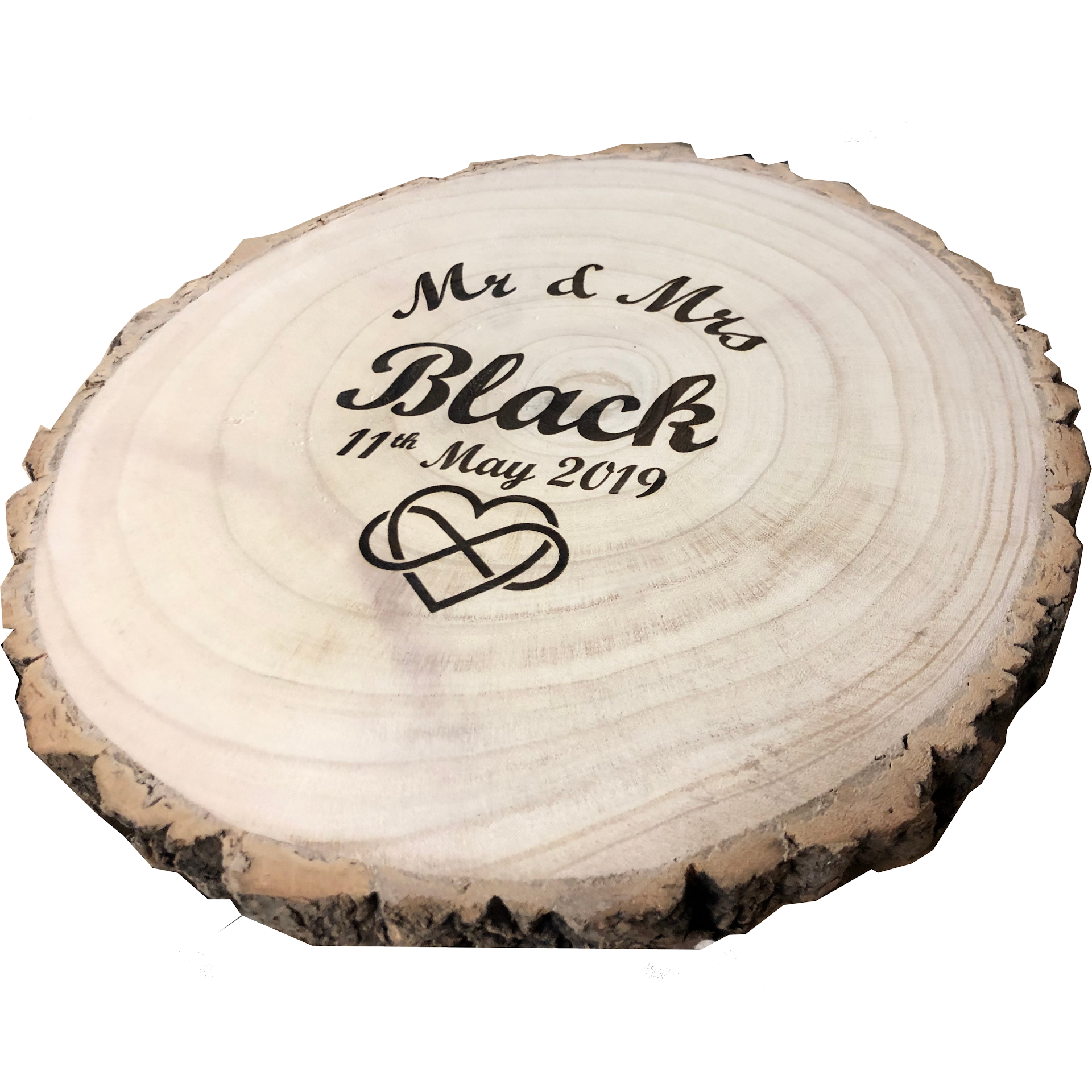 Personalised rustic wooden log slice platter with surname and choice of motif