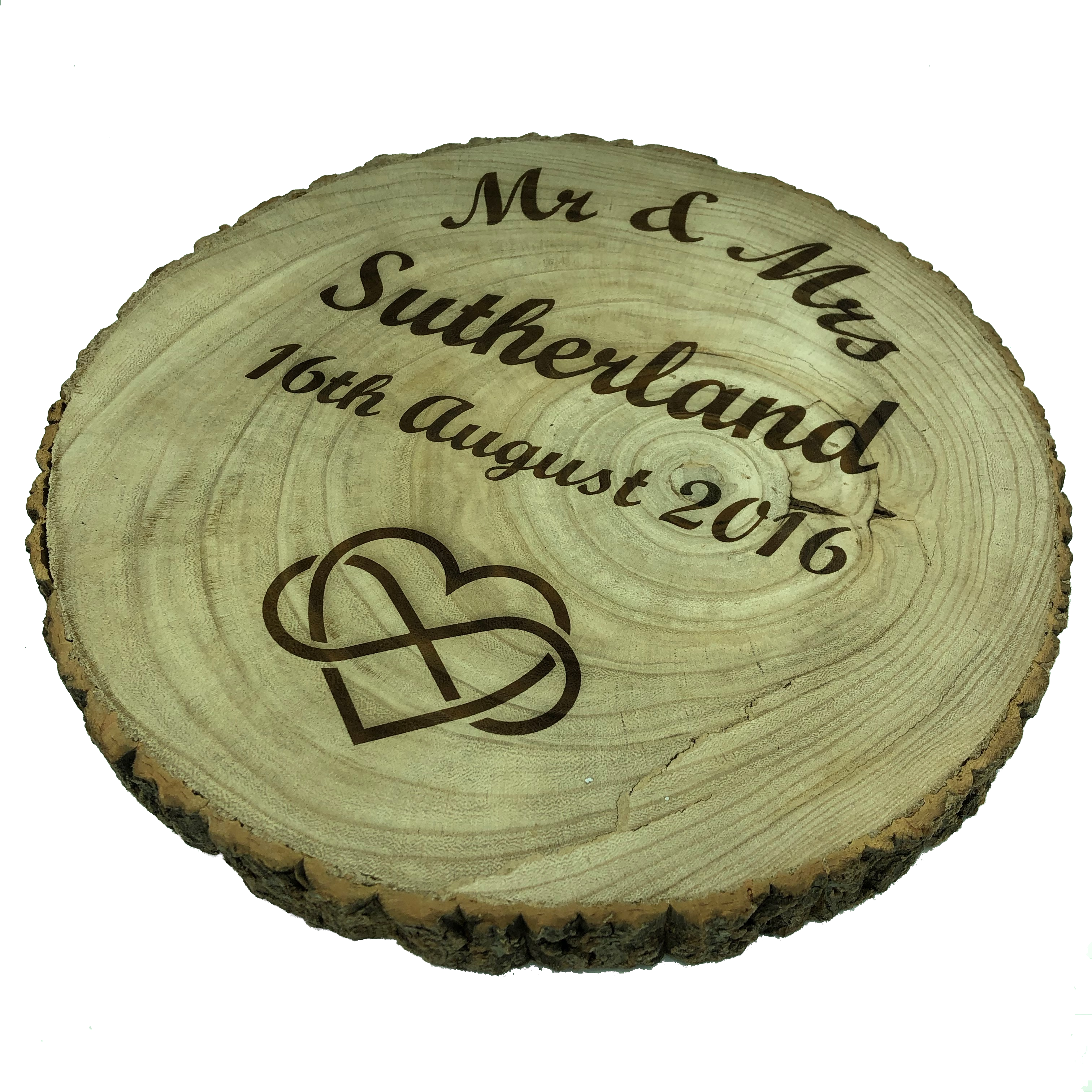 Personalised rustic wooden log slice platter with surname and choice of motif