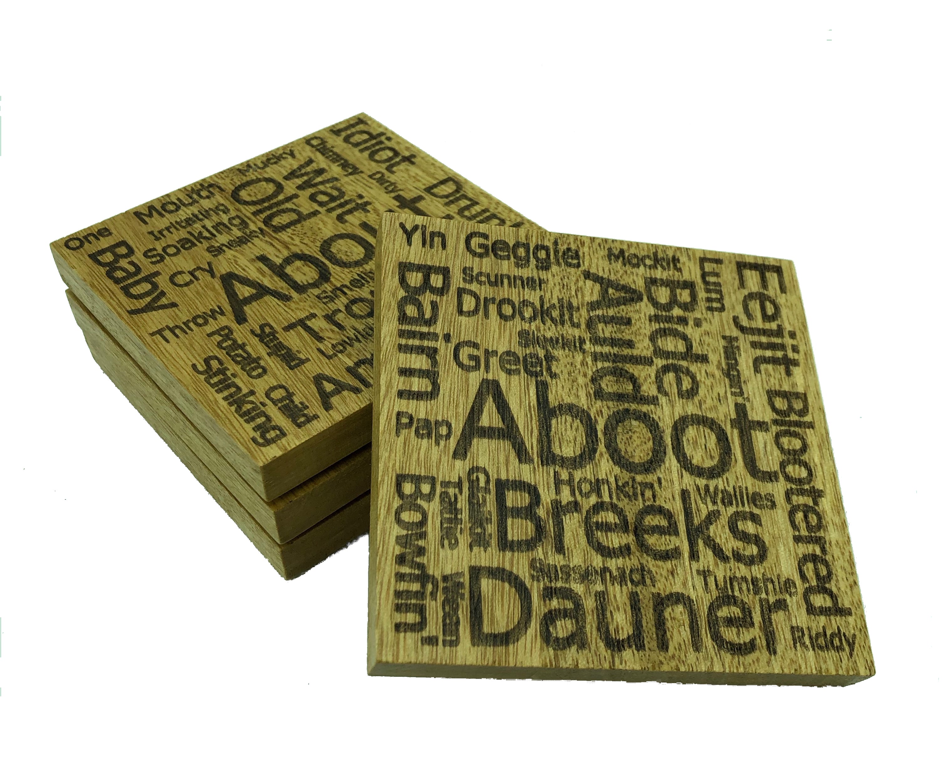 Wooden coasters - Scottish dialect with English translations - set of four