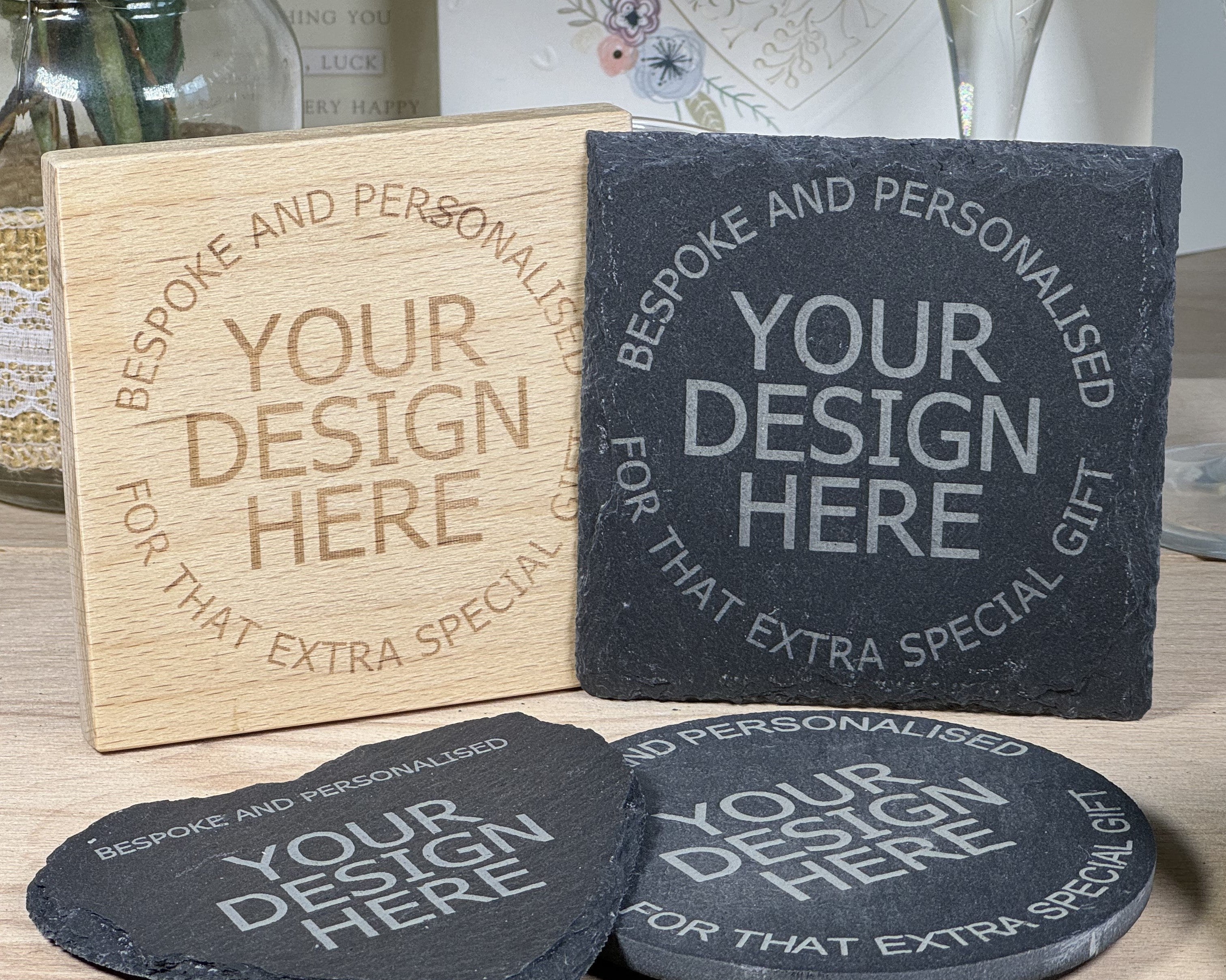 Craftypups wood and slate personalised coaster collection