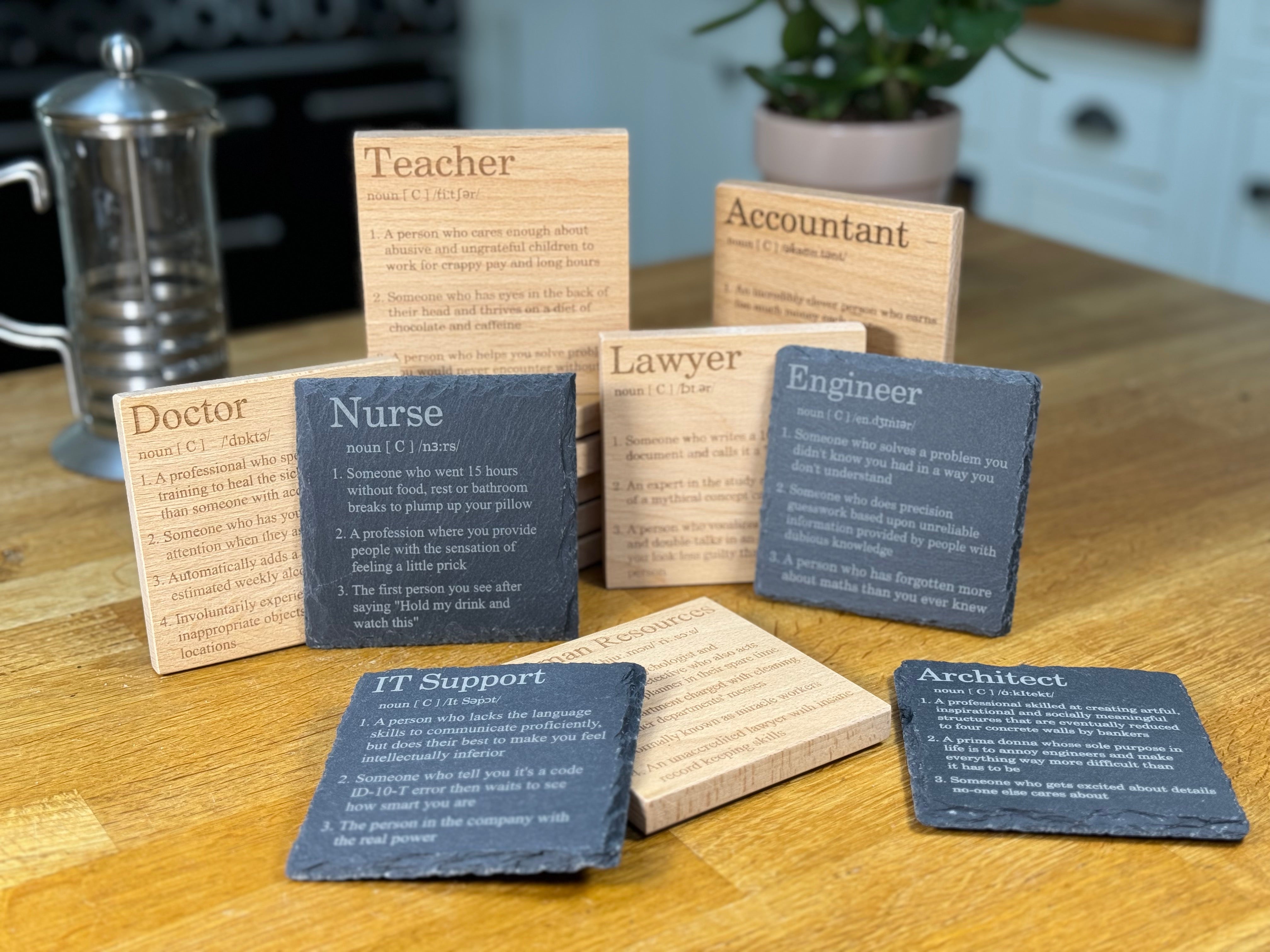 Coaster collection in wood and slate - occupations definitions