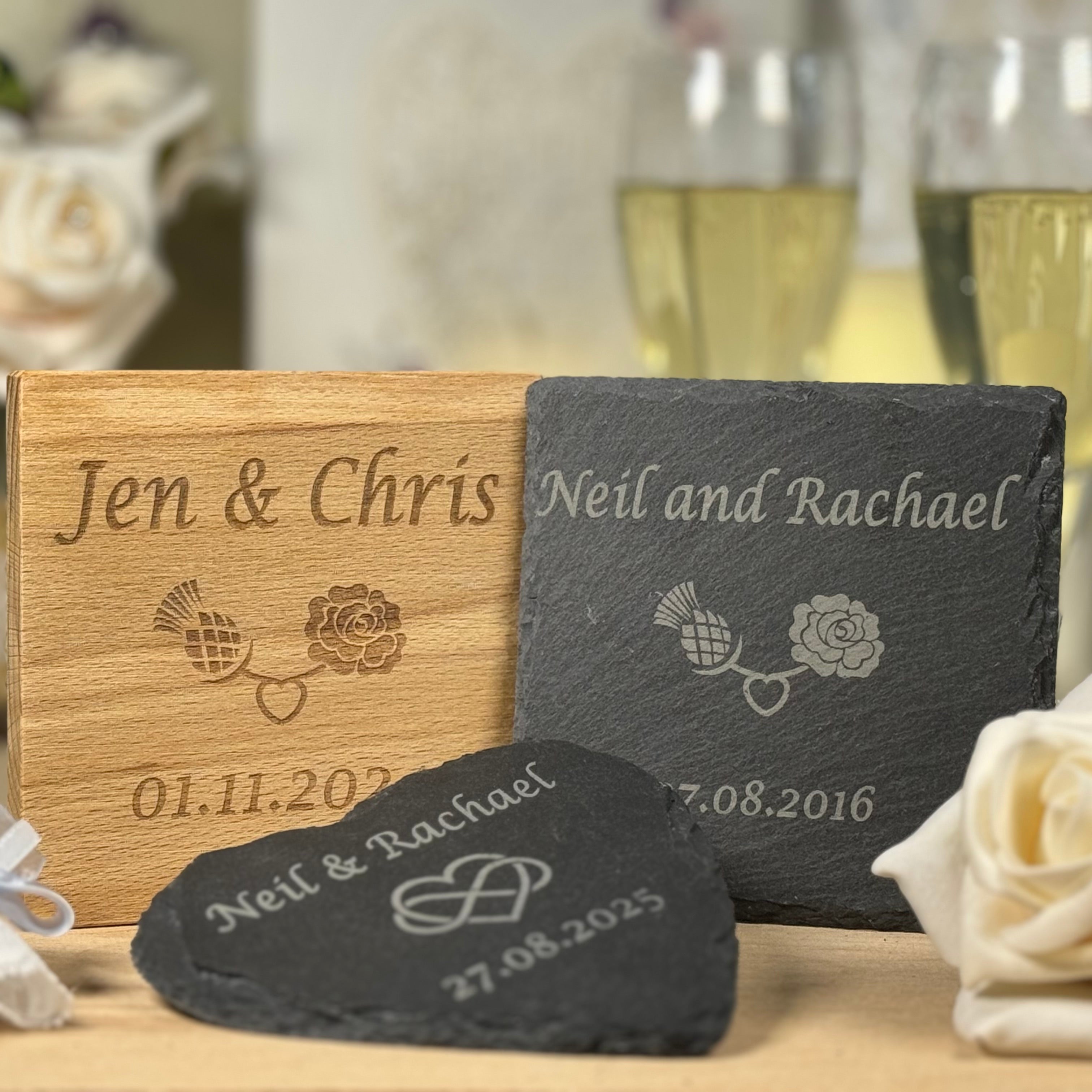 Wedding coaster collection in wood and slate