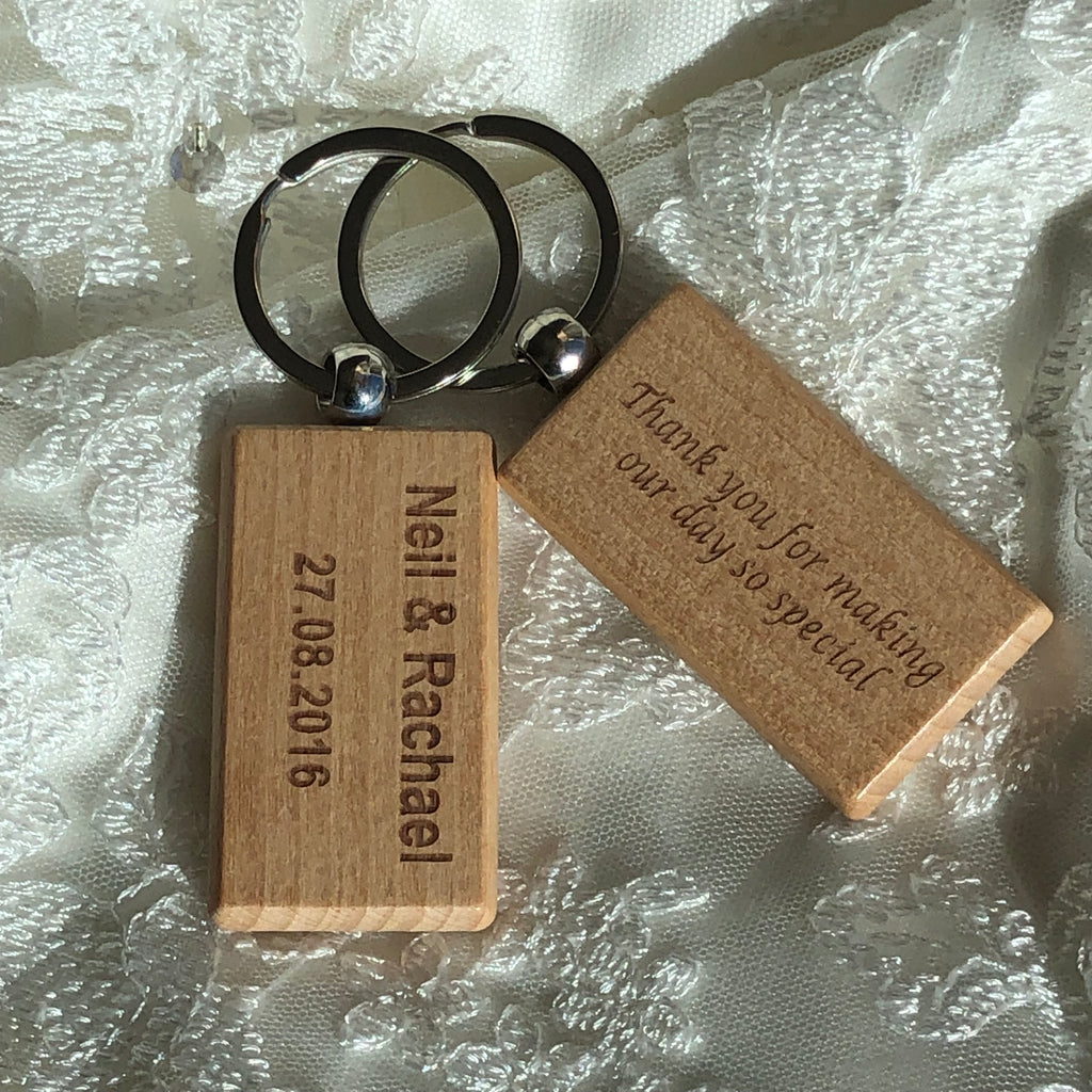 Wedding wooden keyrings - name, date, thank you