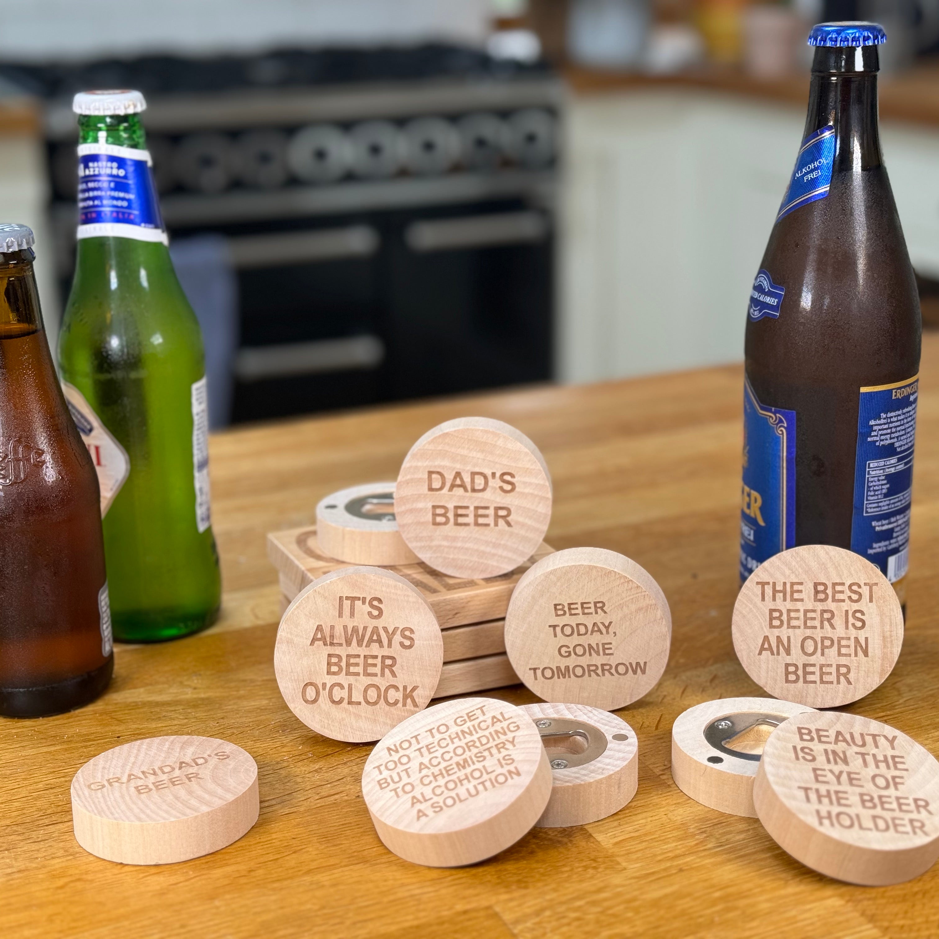 Magnetic wooden bottle openers - beer and drinking collection