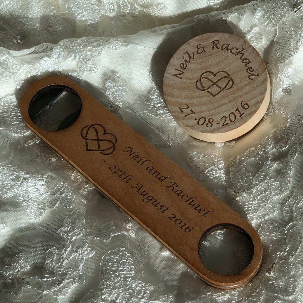 Personalised wedding bottle openers - round magnetic or flat wooden
