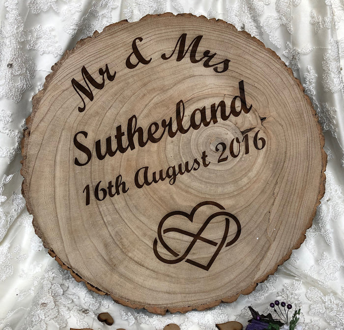 Wedding anniversary wooden log slice platter