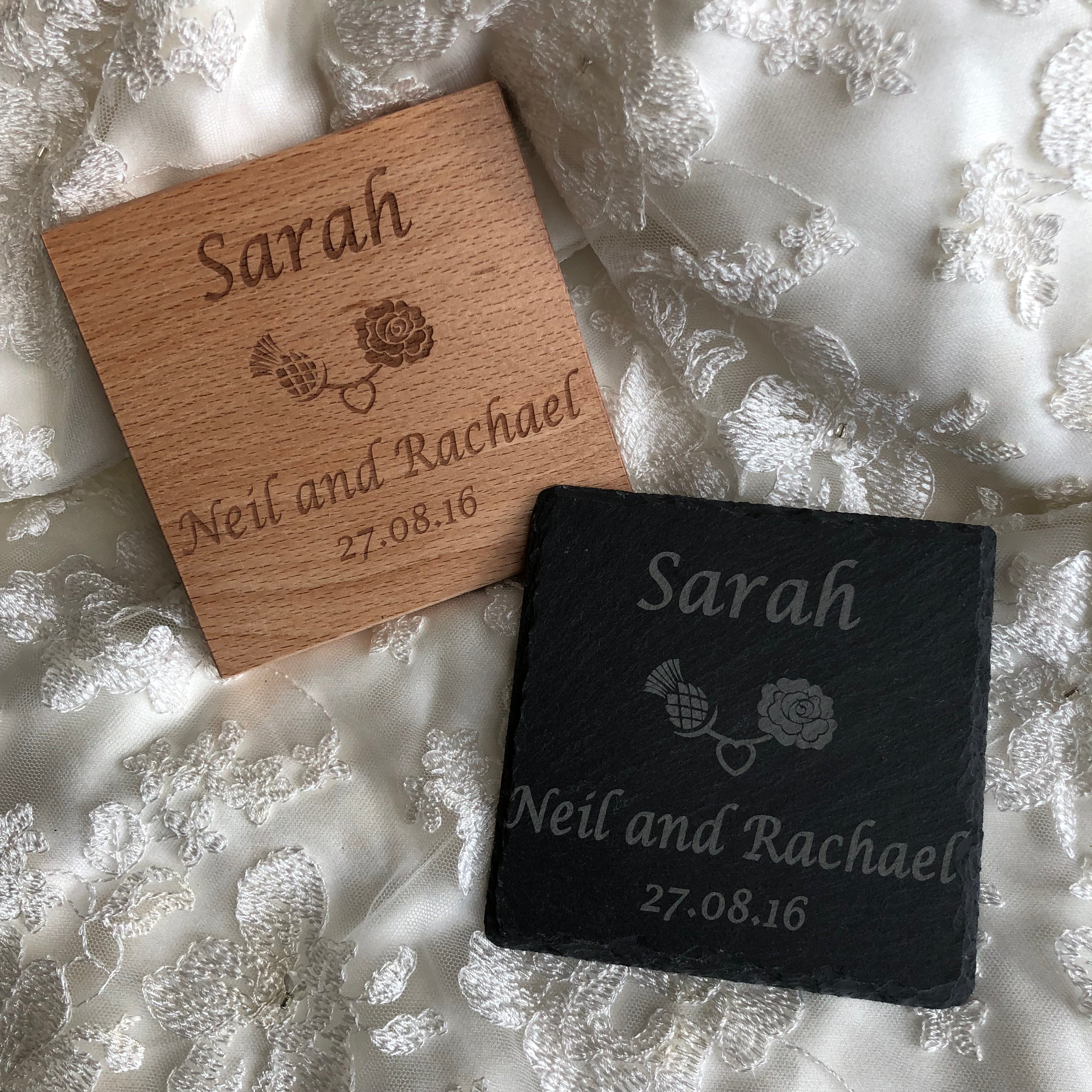 Personalised wedding coaster and place setting